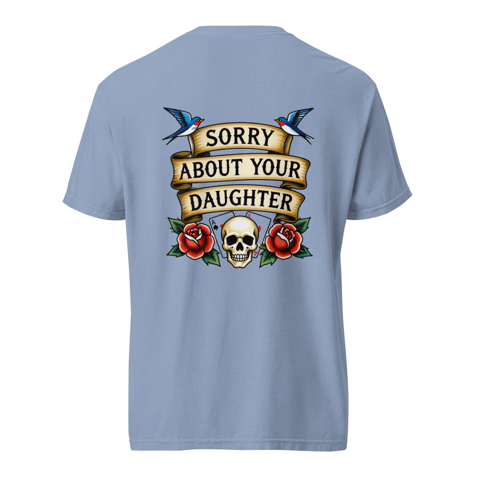 Light blue t-shirt with graphic design and text on a white background