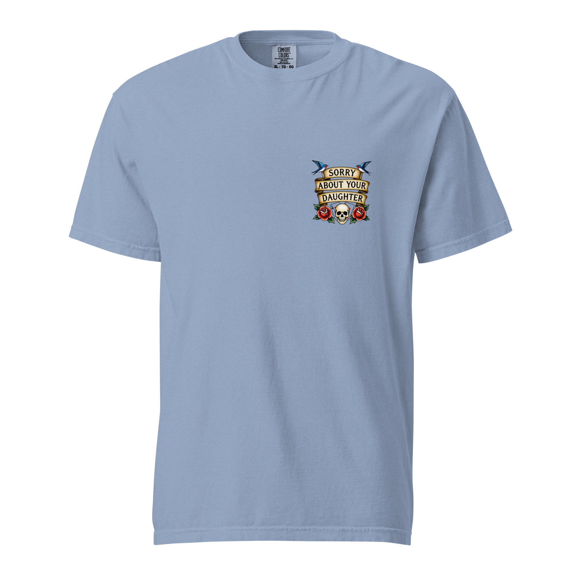 Light blue t-shirt with a graphic design on the chest against a white background