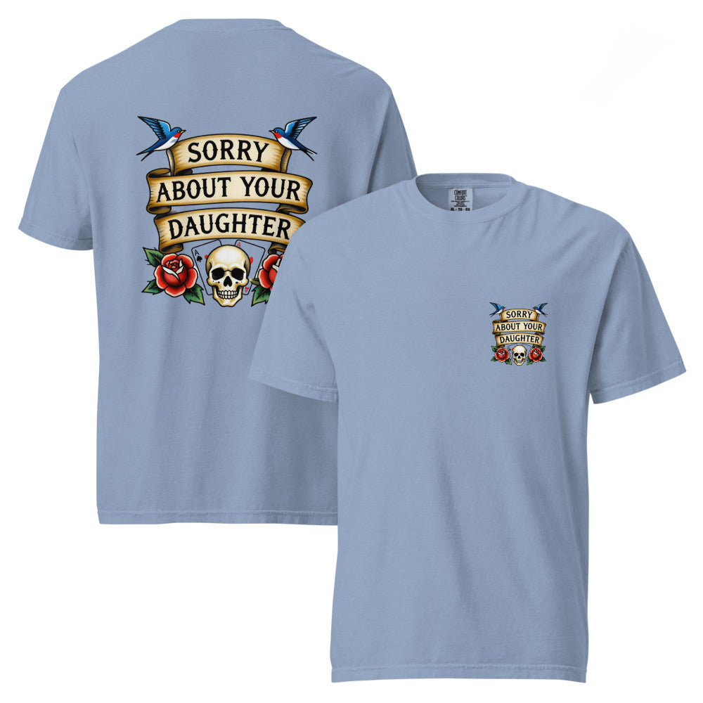 Light blue t-shirt with graphic design on front and back