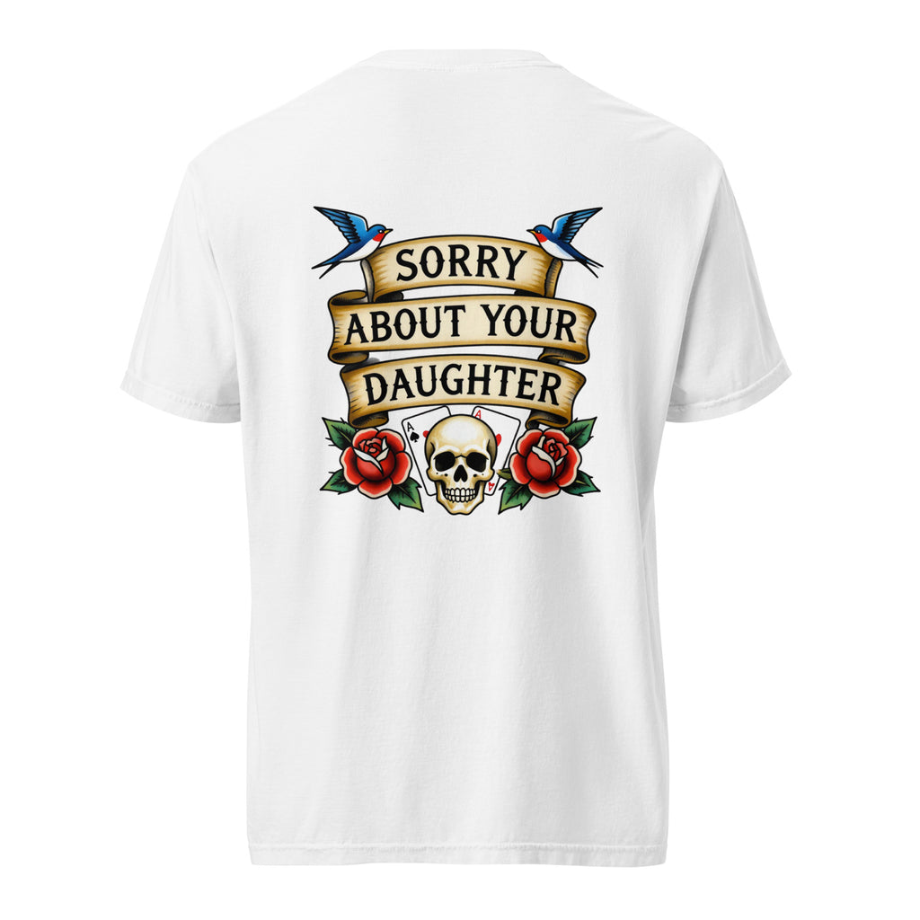 White t-shirt with graphic design featuring a skull, roses, and text on a white background