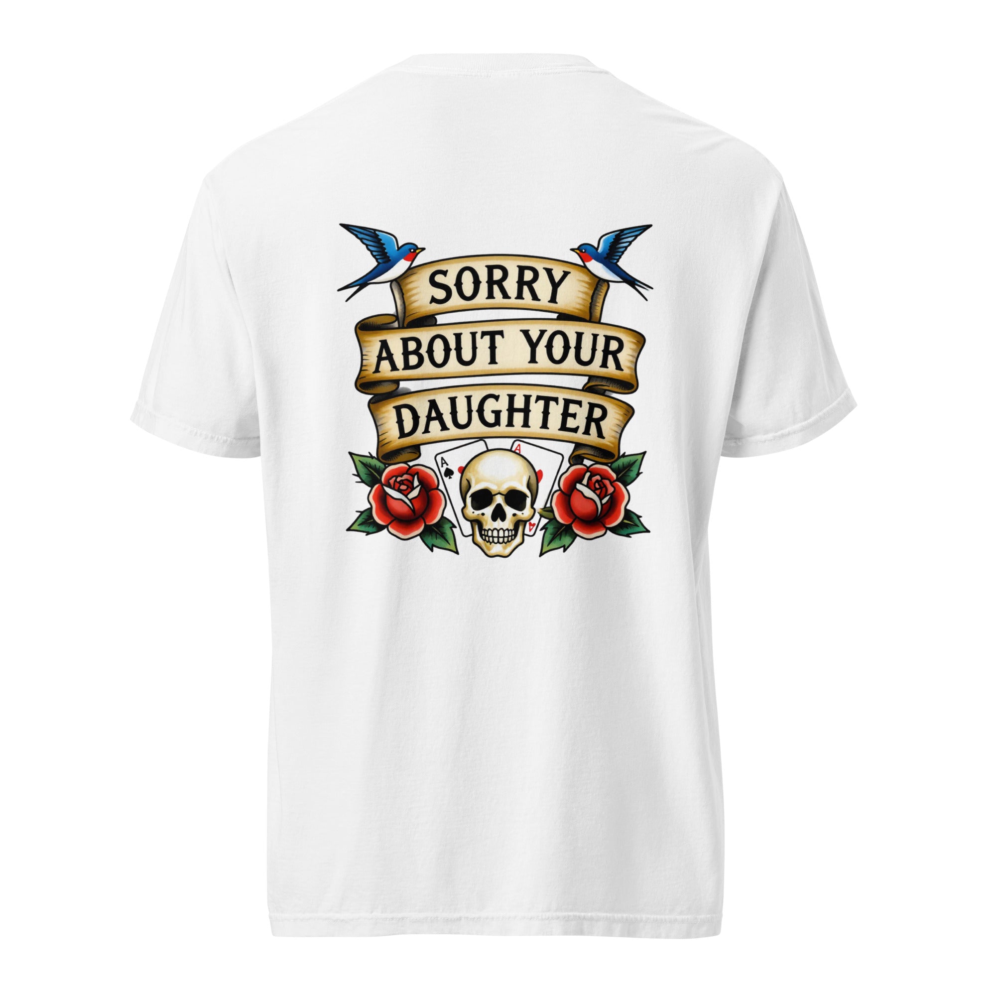 White t-shirt with graphic design featuring a skull, roses, and text on a white background