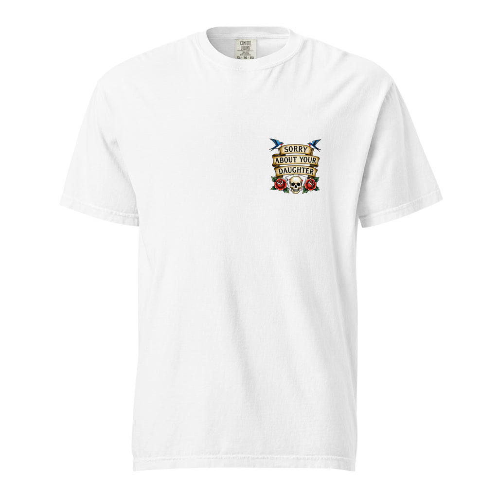 White t-shirt with graphic design on a white background