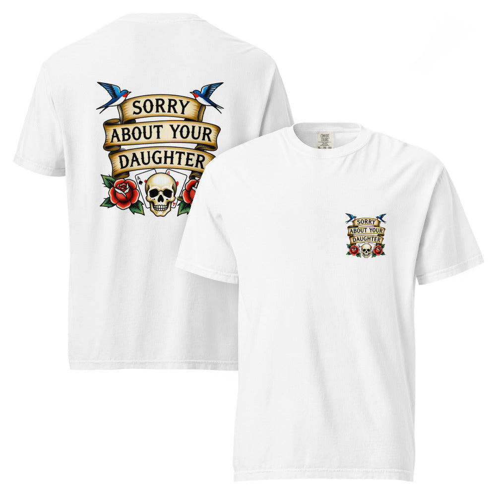 White t-shirt with graphic design on front and back