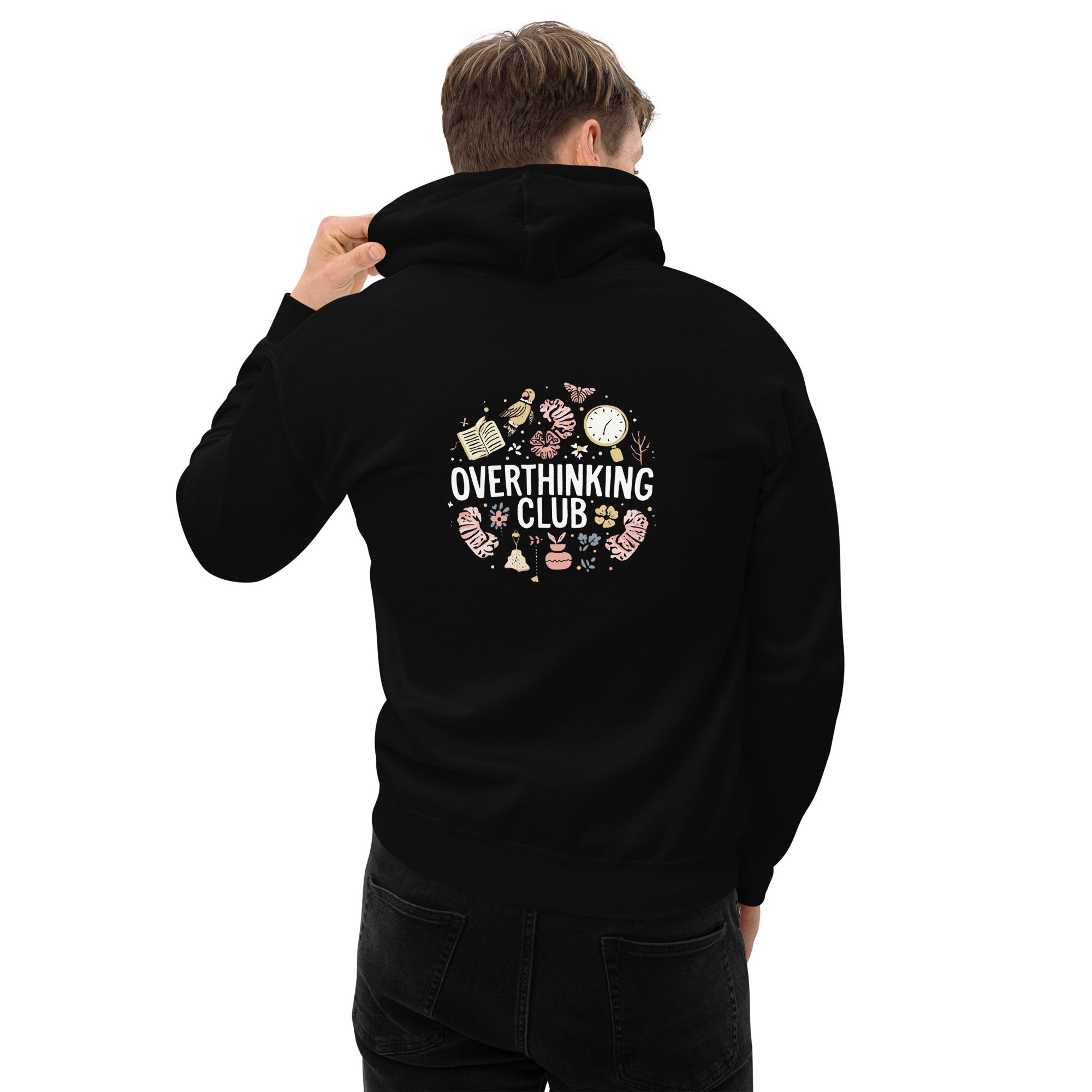 Person wearing a black hoodie with 'Overthinking Club' design on the back