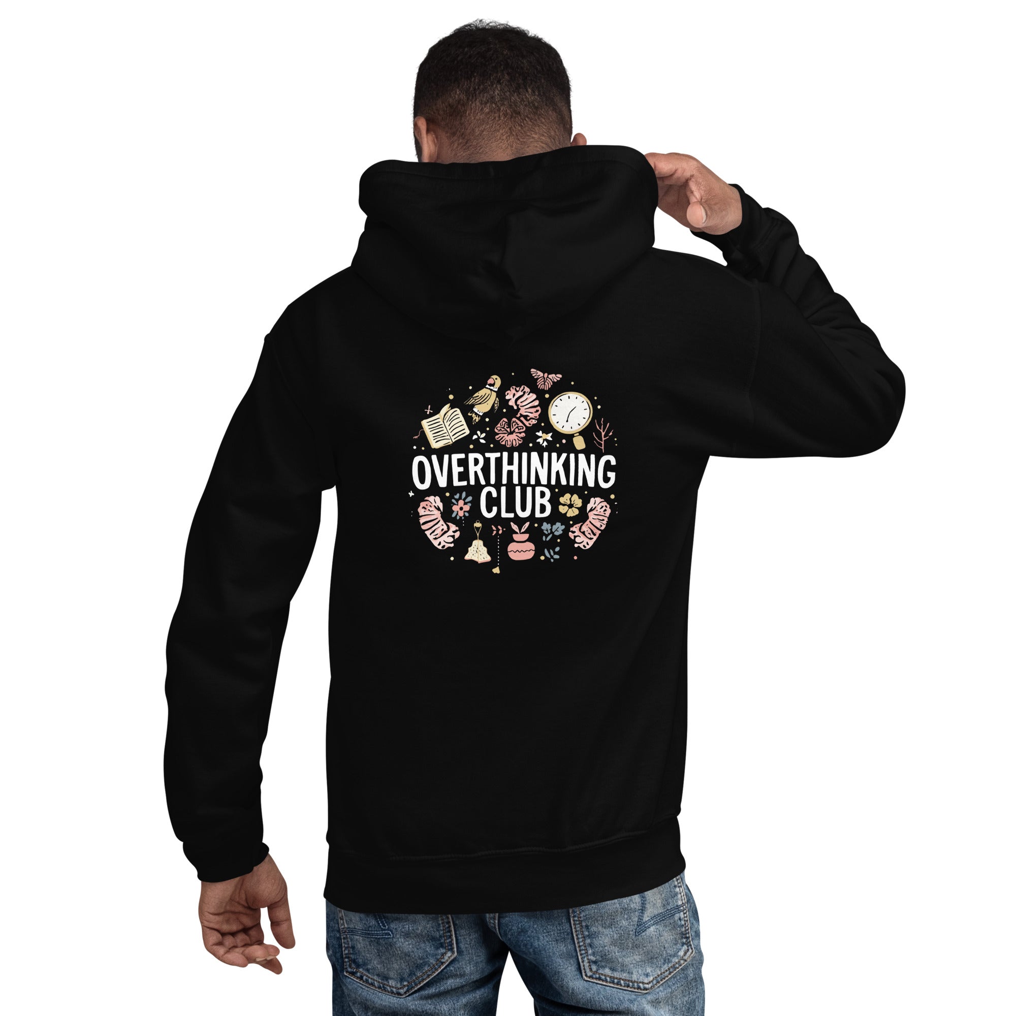 Person wearing a black hoodie with 'Overthinking Club' design on the back