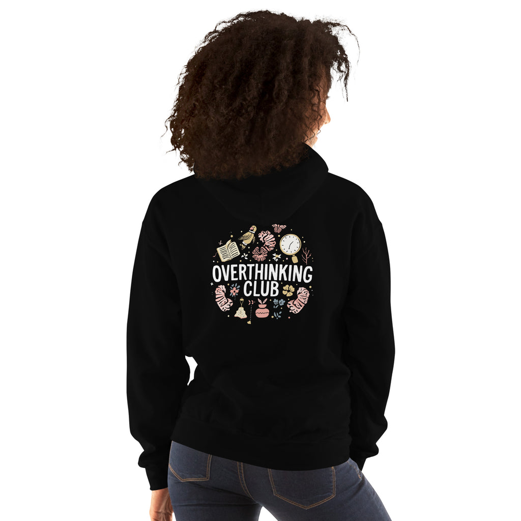 Person wearing a black hoodie with 'Overthinking Club' design on the back