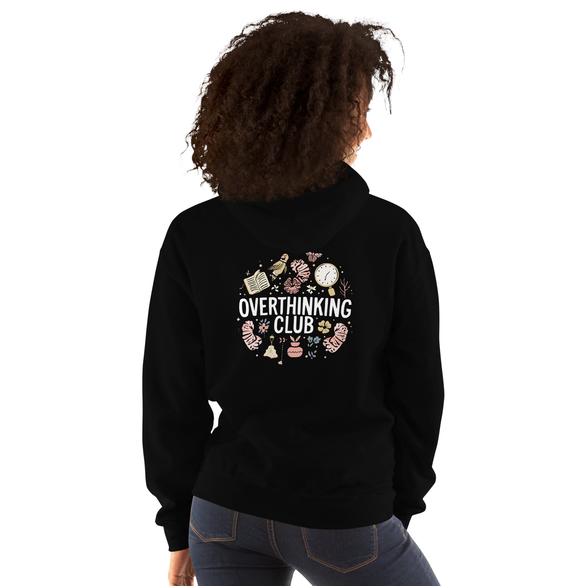 Person wearing a black hoodie with 'Overthinking Club' design on the back