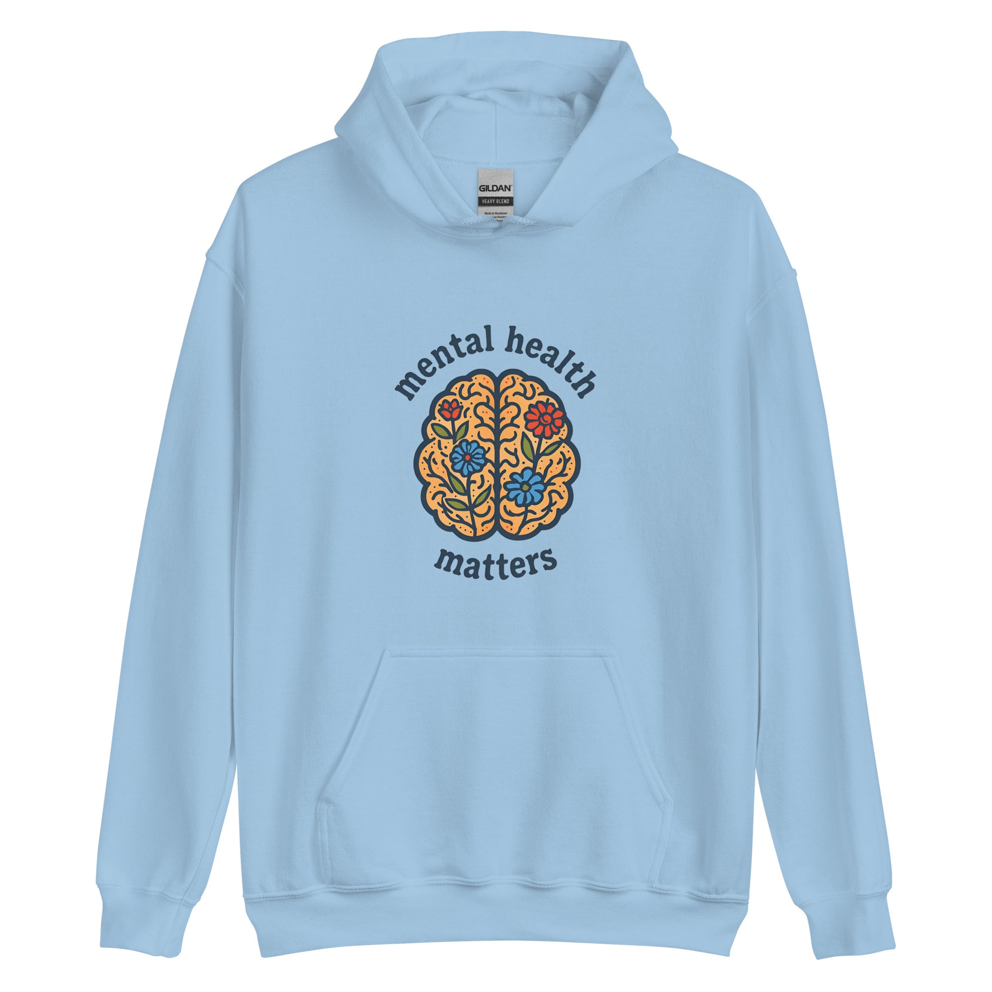 Light blue hoodie with 'mental health matters' design on a white background