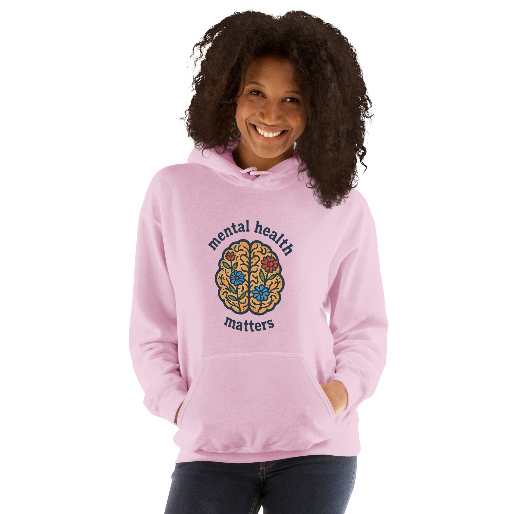Person wearing a pink hoodie with 'mental health matters' design on a white background