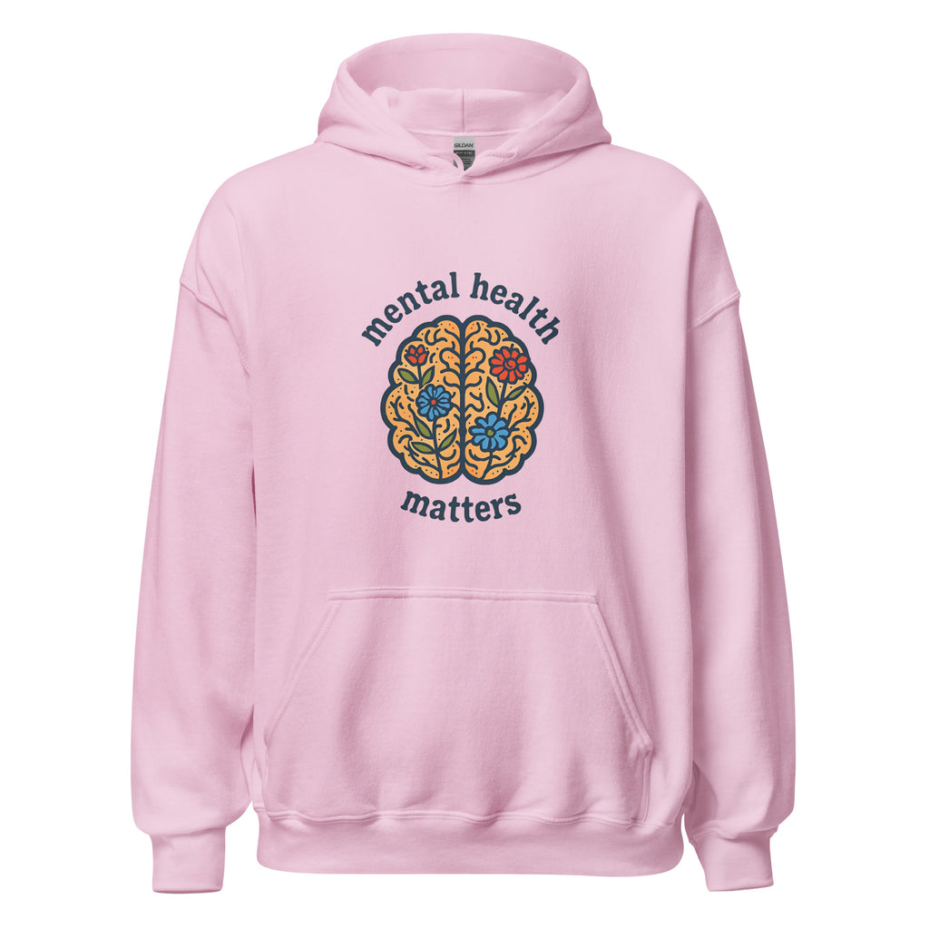 Pink hoodie with 'mental health matters' design on a white background