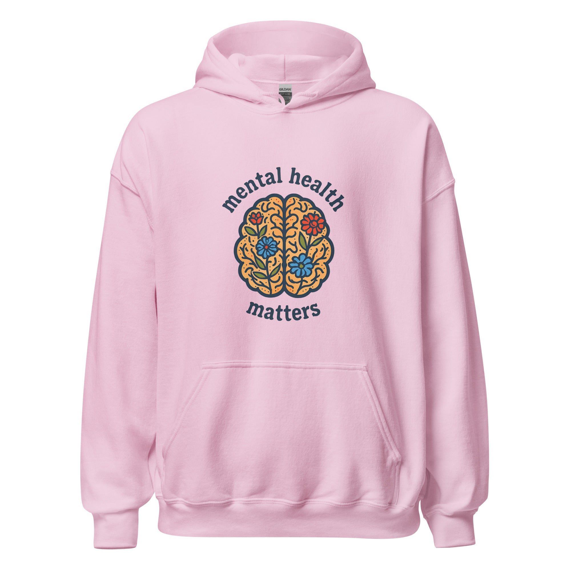 Pink hoodie with 'mental health matters' design on a white background