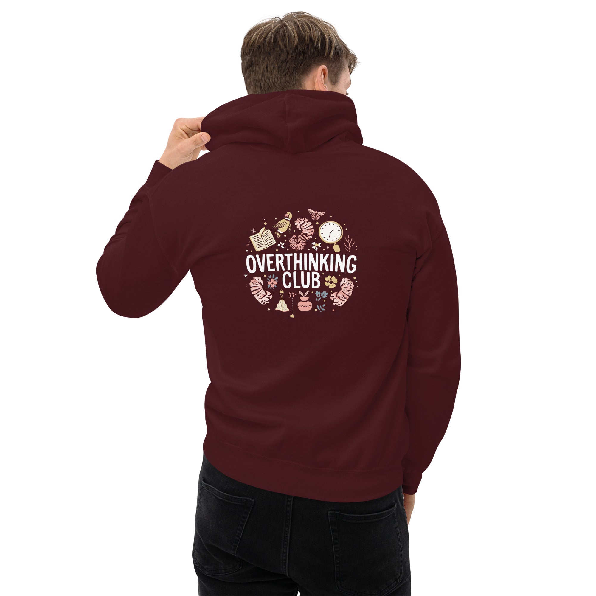 Person wearing a maroon hoodie with 'Overthinking Club' design on the back