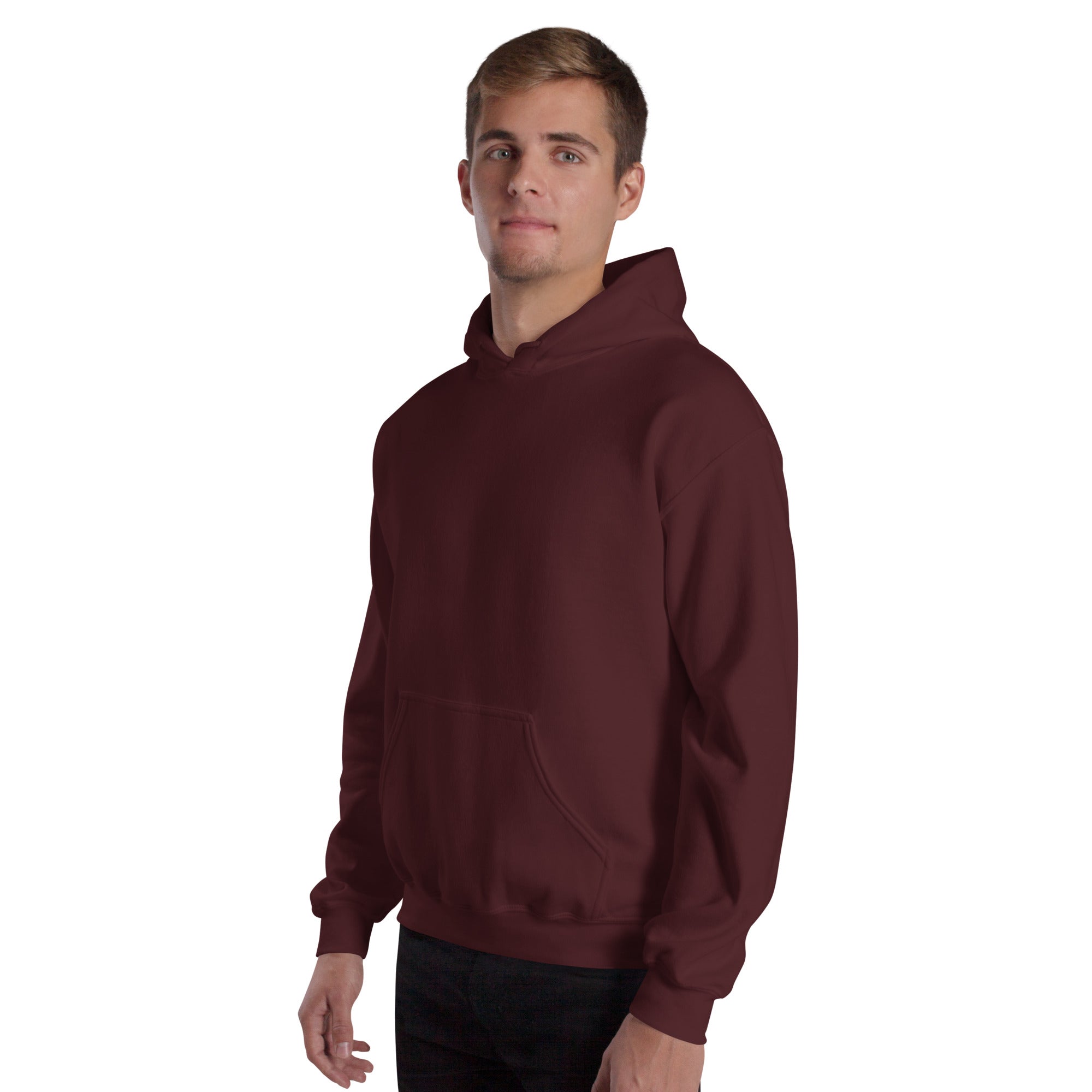 Man wearing a maroon hoodie on a white background