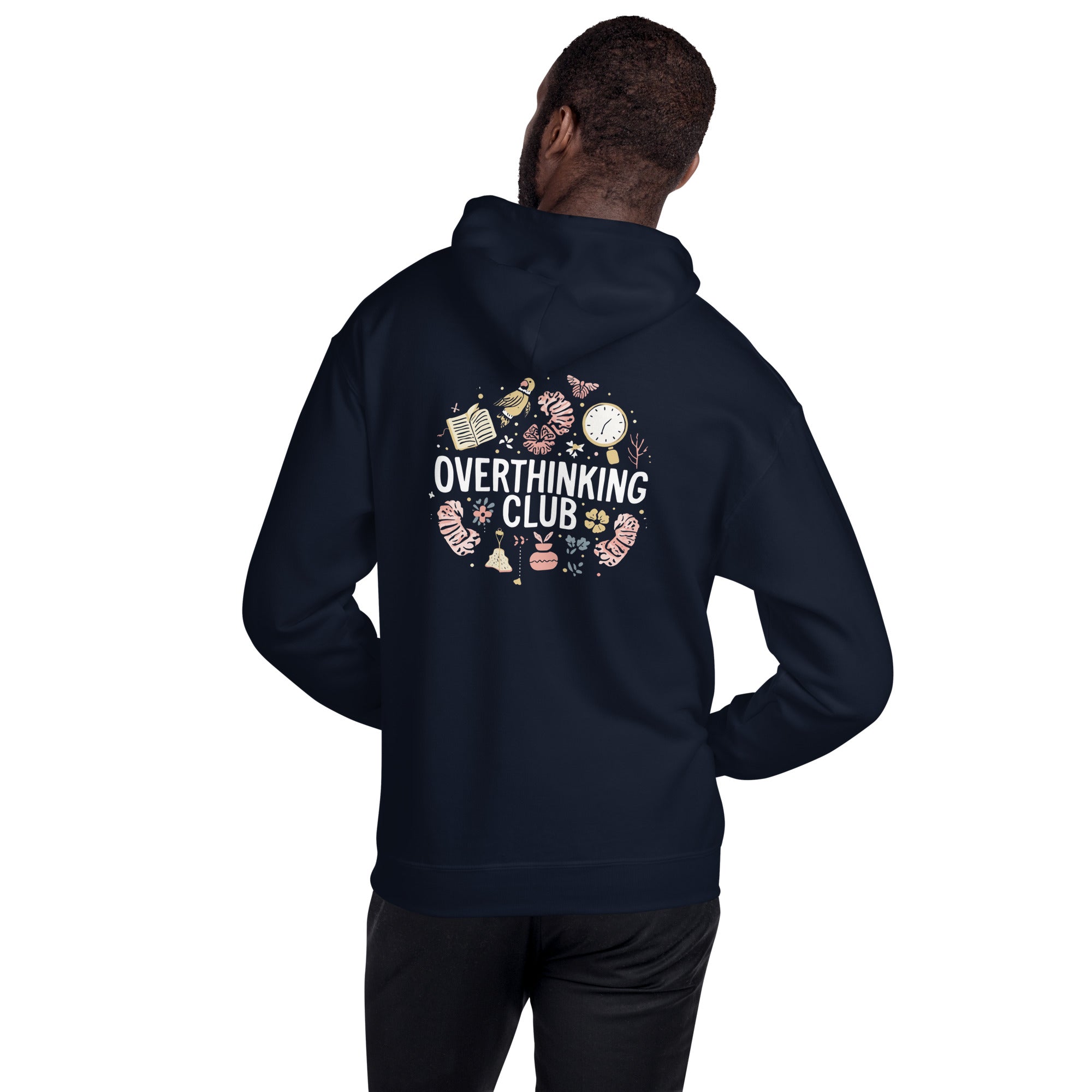 Person wearing a navy hoodie with 'Overthinking Club' design on the back against a white background