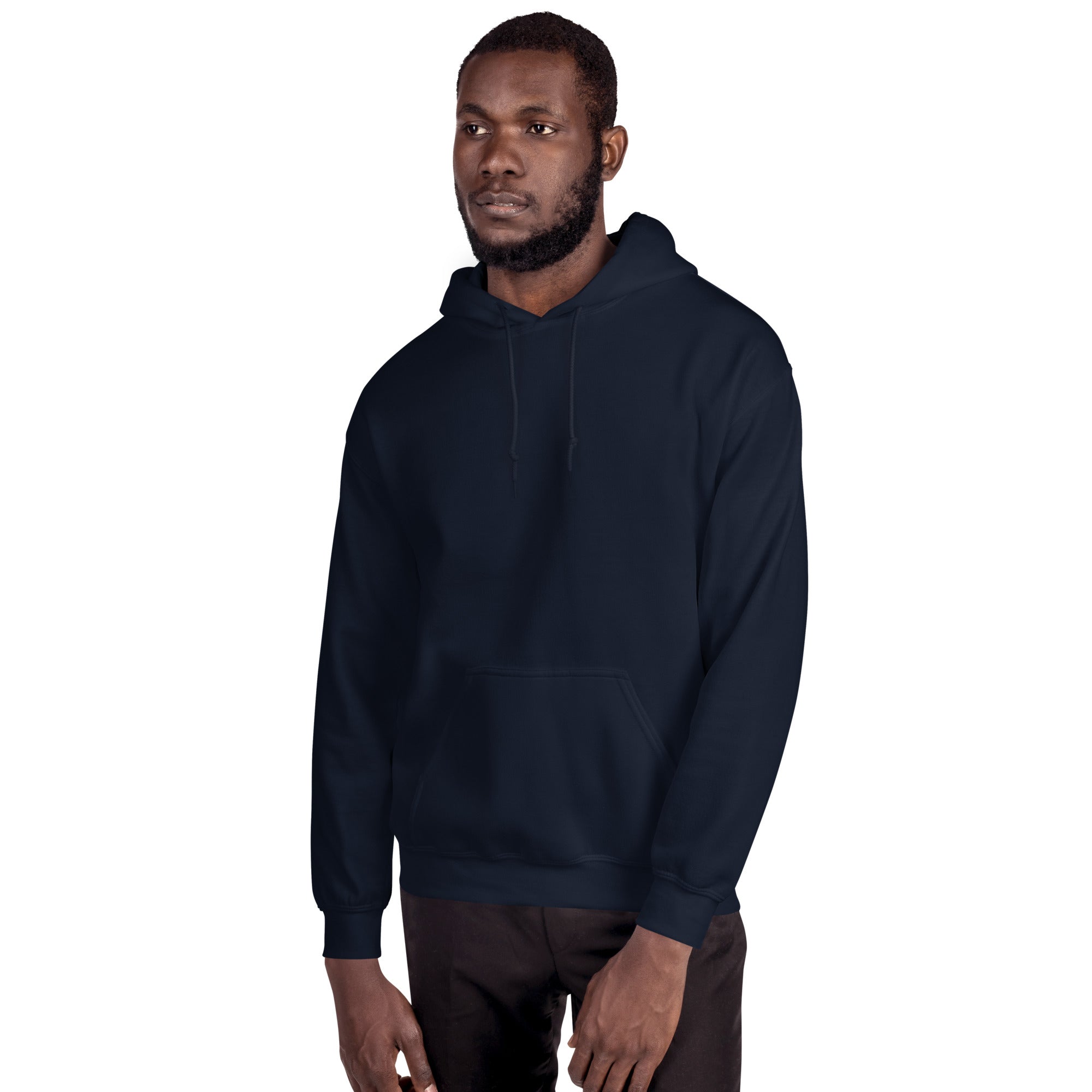 Man wearing a navy blue hoodie on a white background