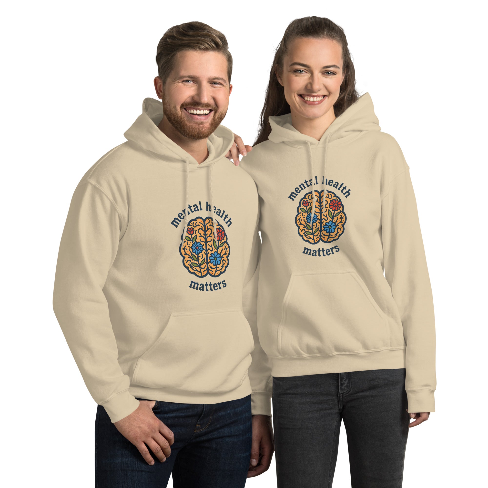 Two people wearing beige hoodies with a brain design and 'mental health matters' text on a white background.