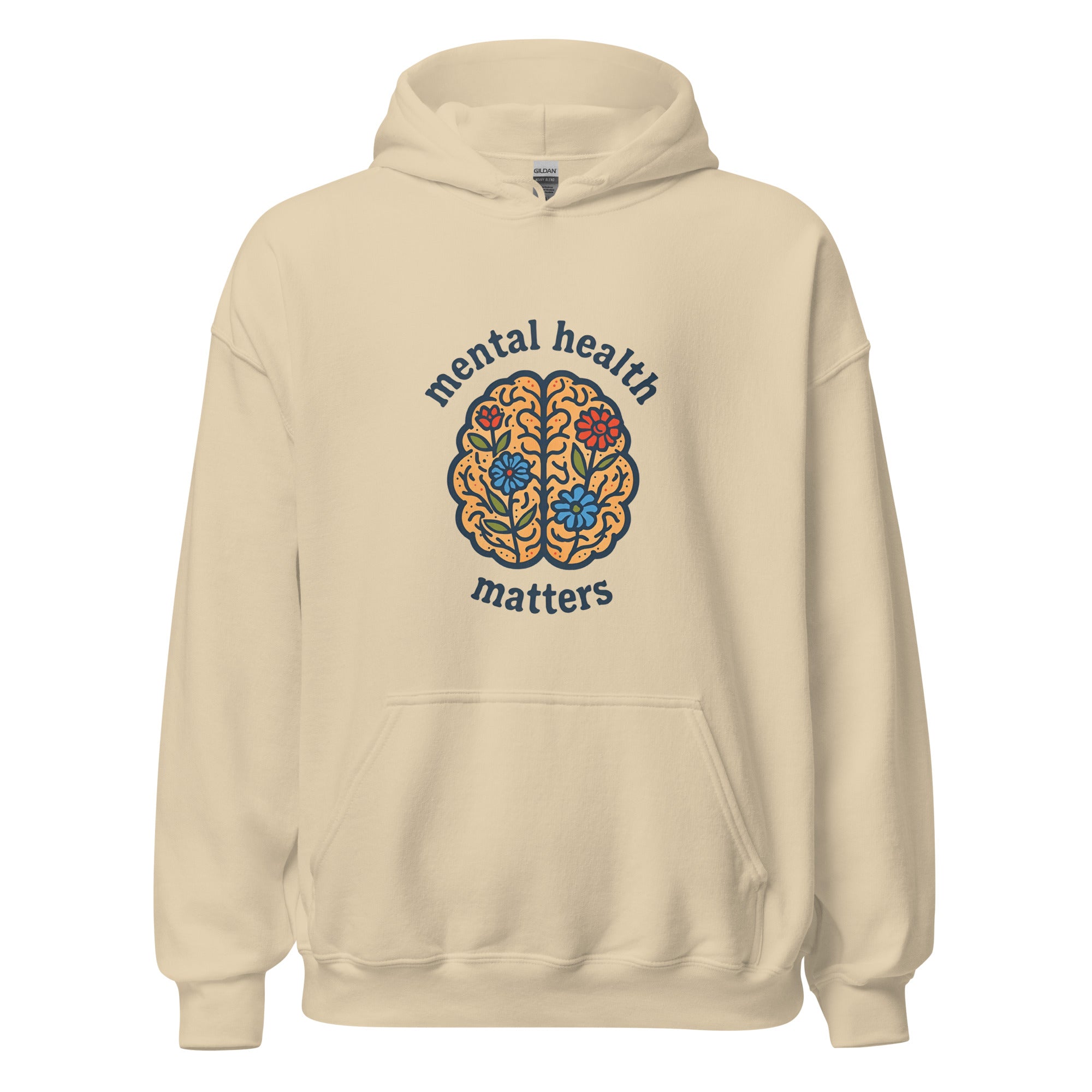 Beige hoodie with 'mental health matters' design on a white background