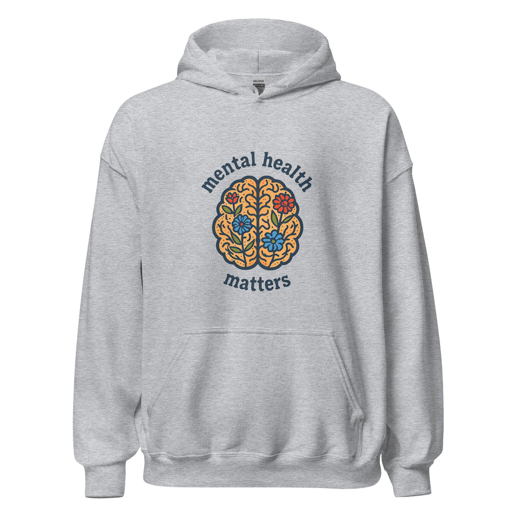 Gray hoodie with 'mental health matters' design on a white background