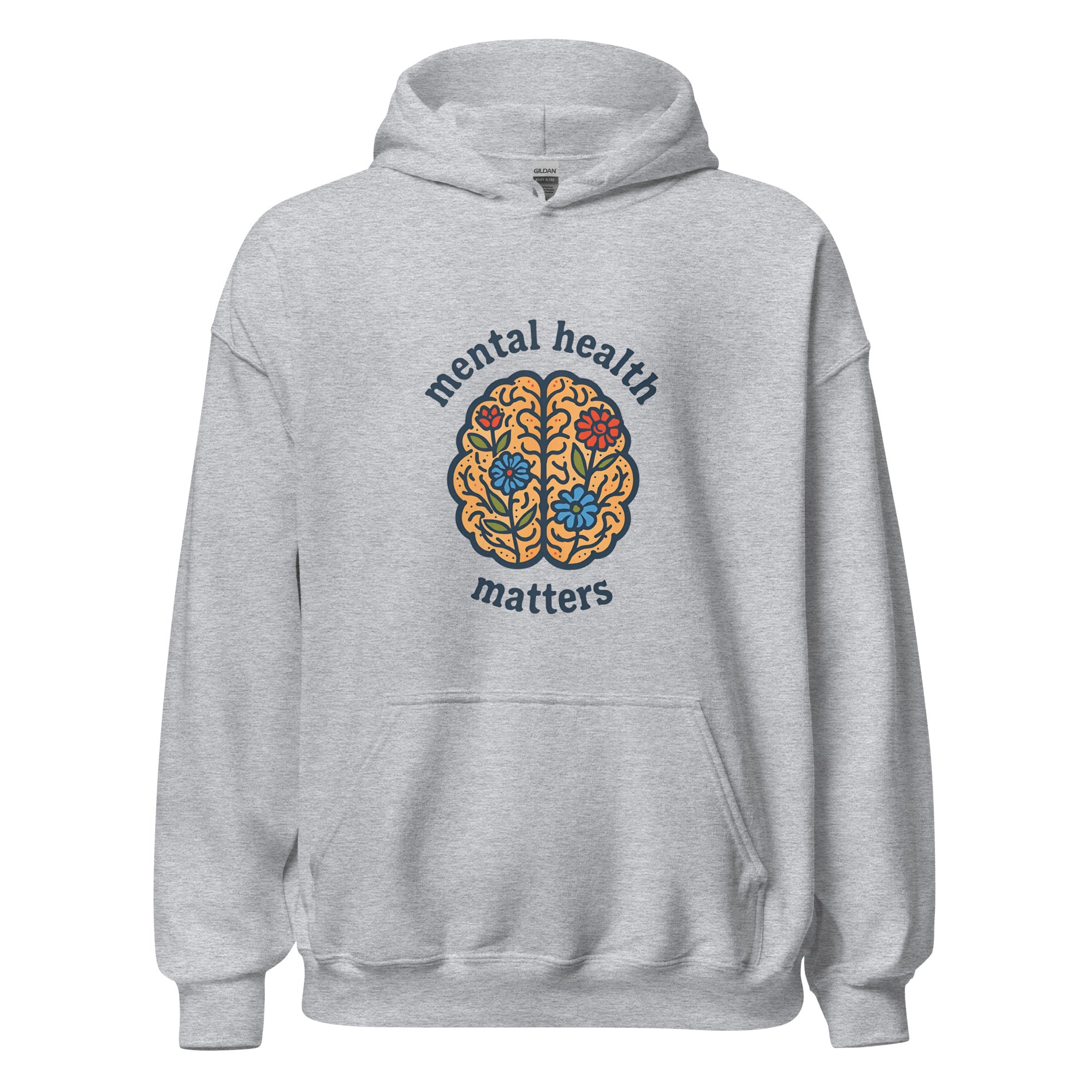 Gray hoodie with 'mental health matters' design on a white background