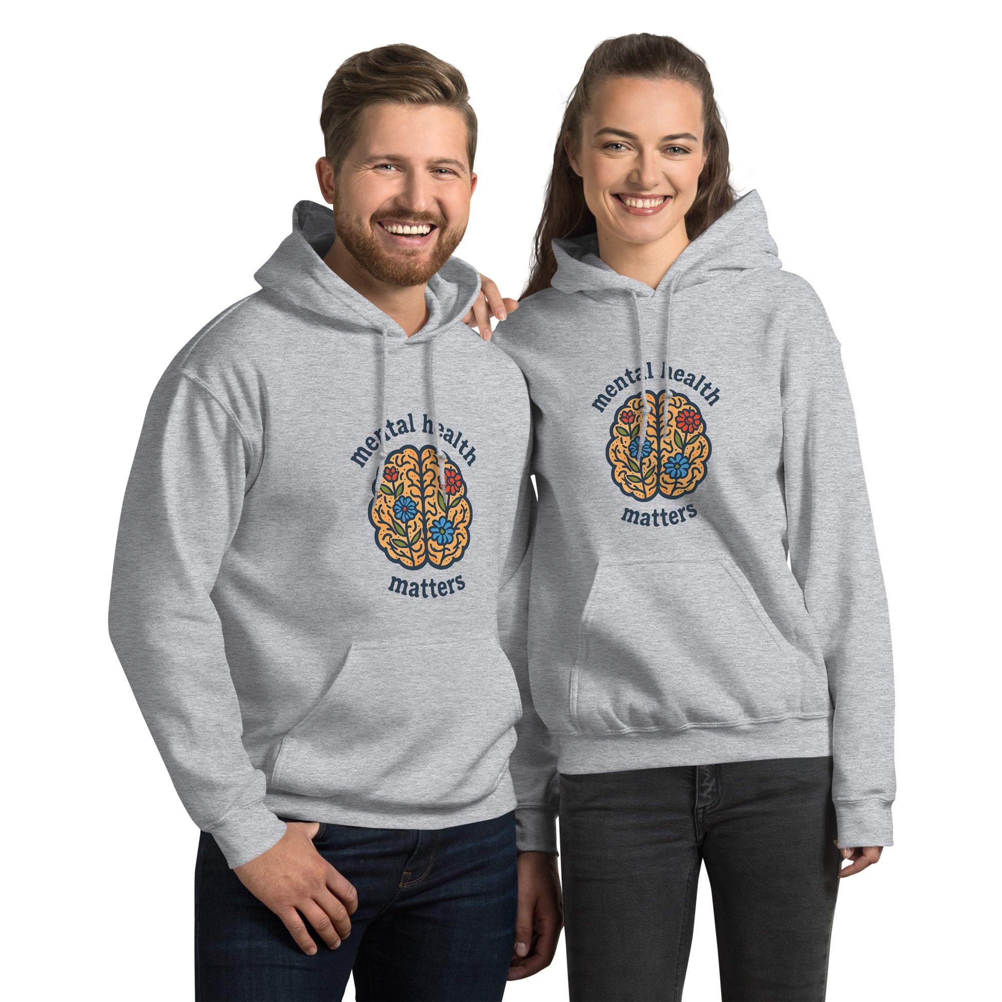 Two people wearing gray hoodies with 'mental health matters' design on a white background