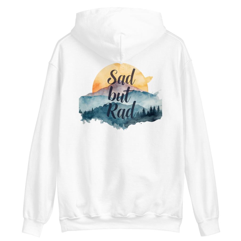 White hoodie with a graphic design of a mountain and sun, featuring the text 'Sad but Rad'.