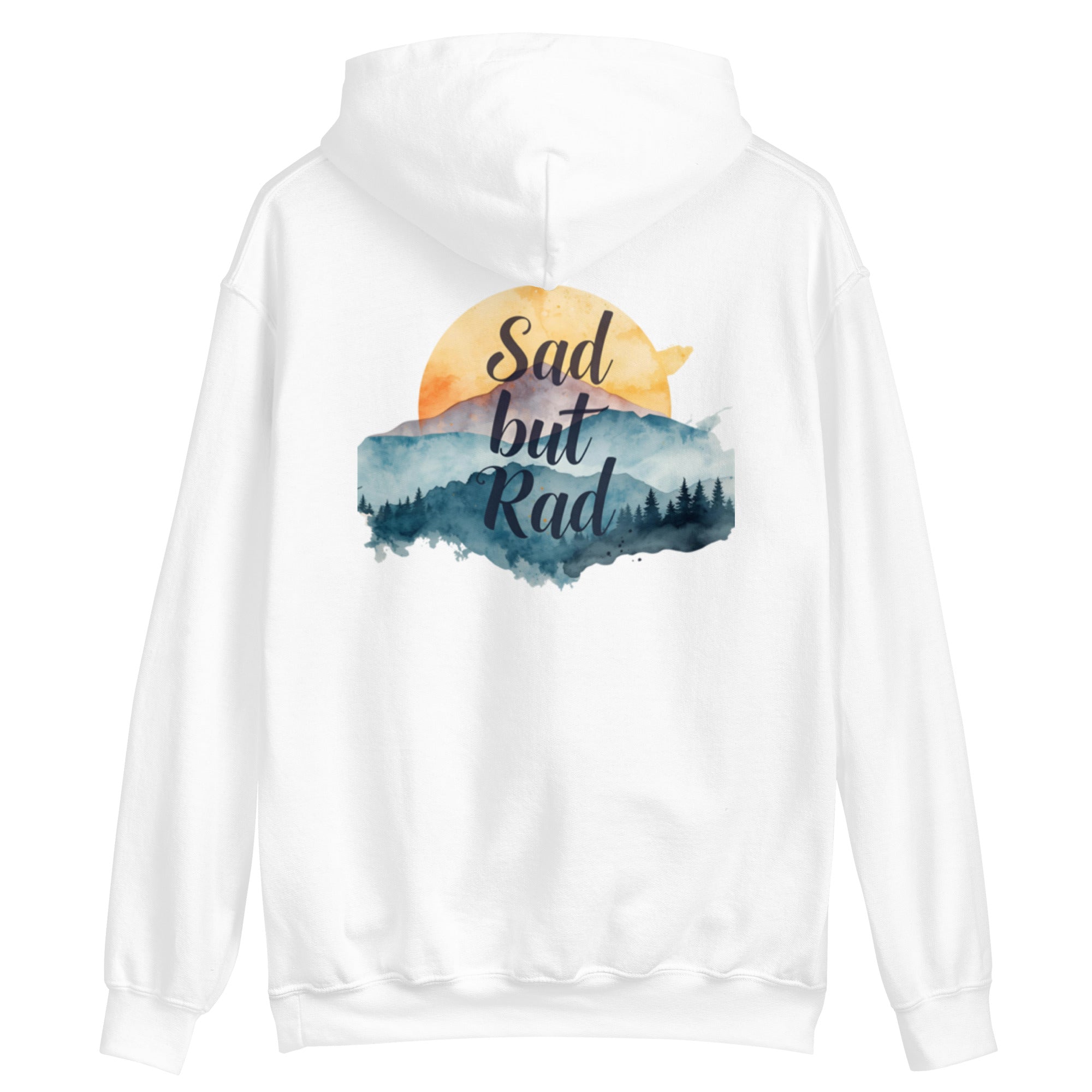 White hoodie with a graphic design of a mountain and sun, featuring the text 'Sad but Rad'.