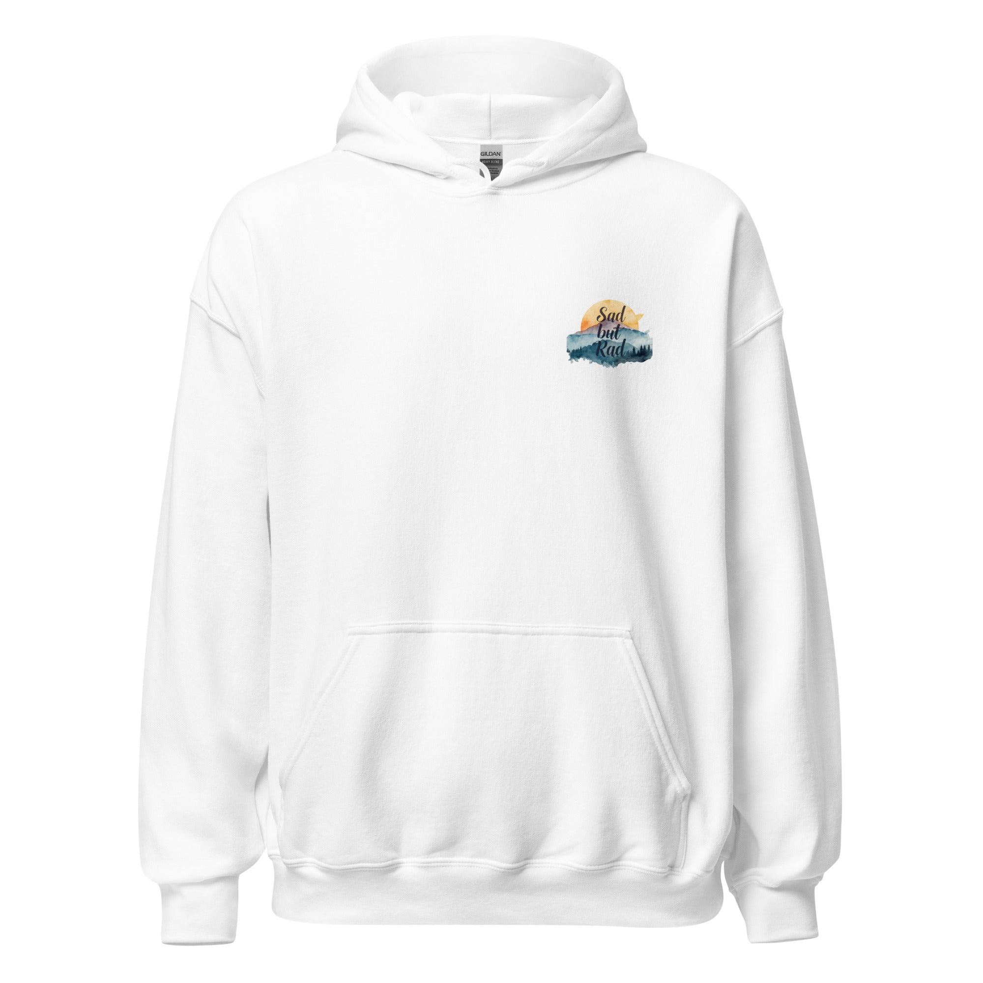 White hoodie with a small logo on the chest against a white background