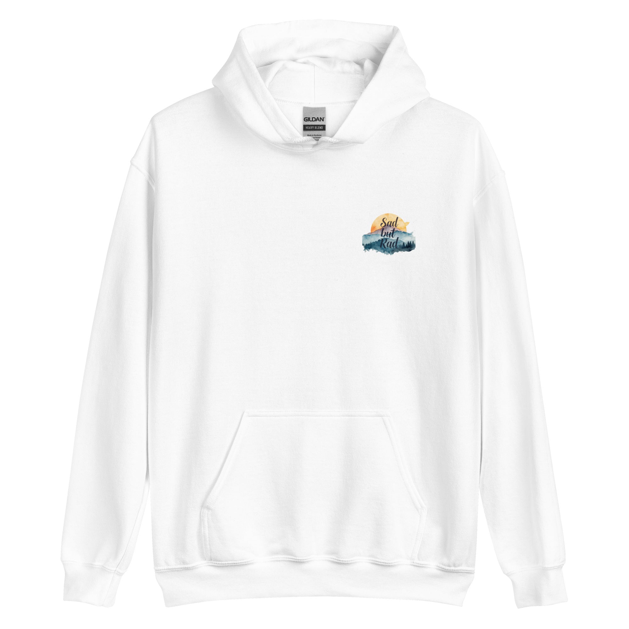 White hoodie with a small logo on the chest against a white background