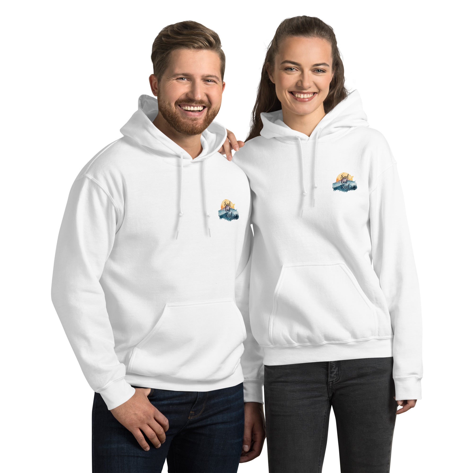 Two people wearing white hoodies with a logo on a white background