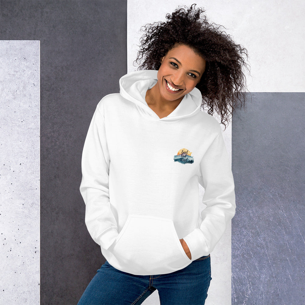 Woman wearing a white hoodie with a logo on a gray and white background