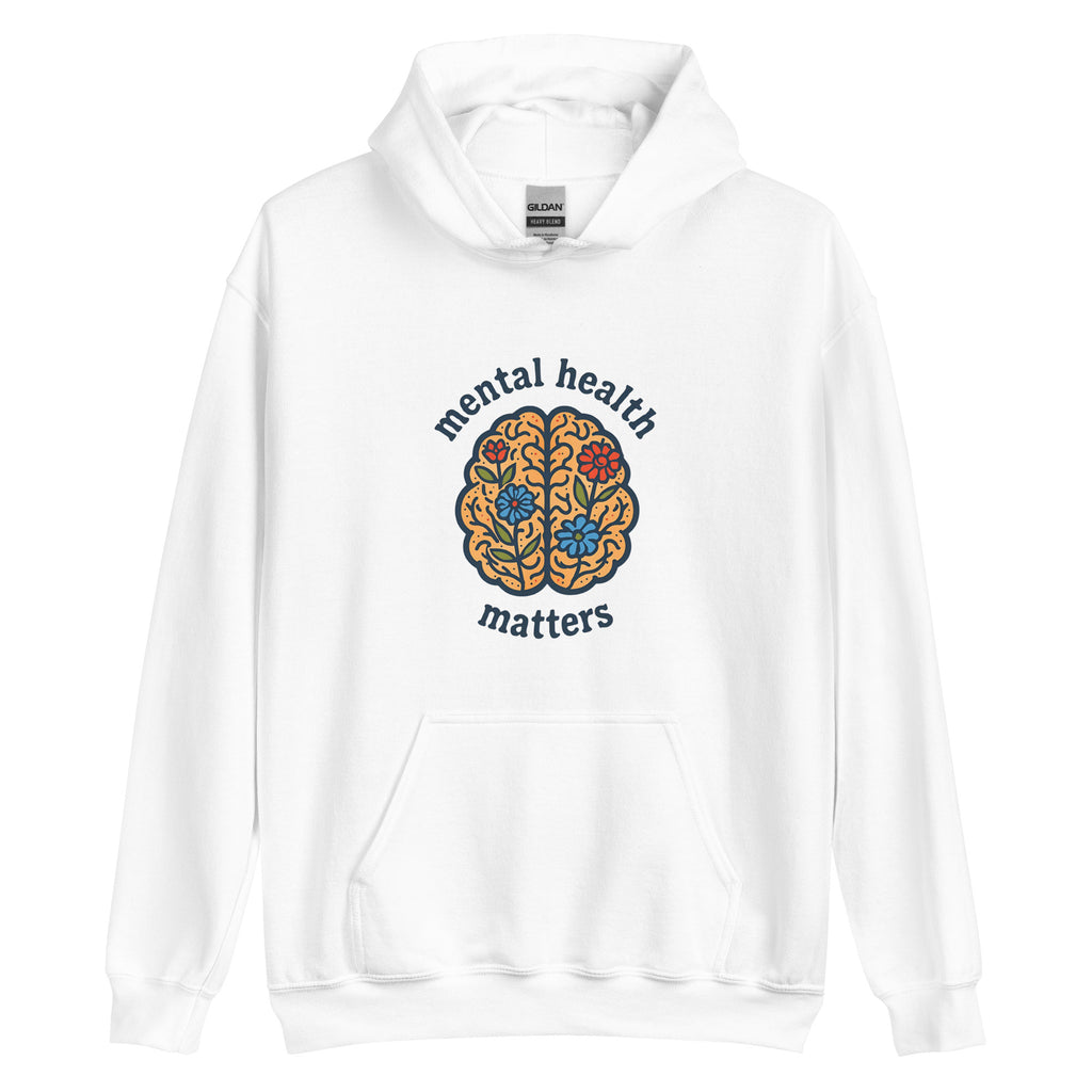 White hoodie with 'mental health matters' design on a white background