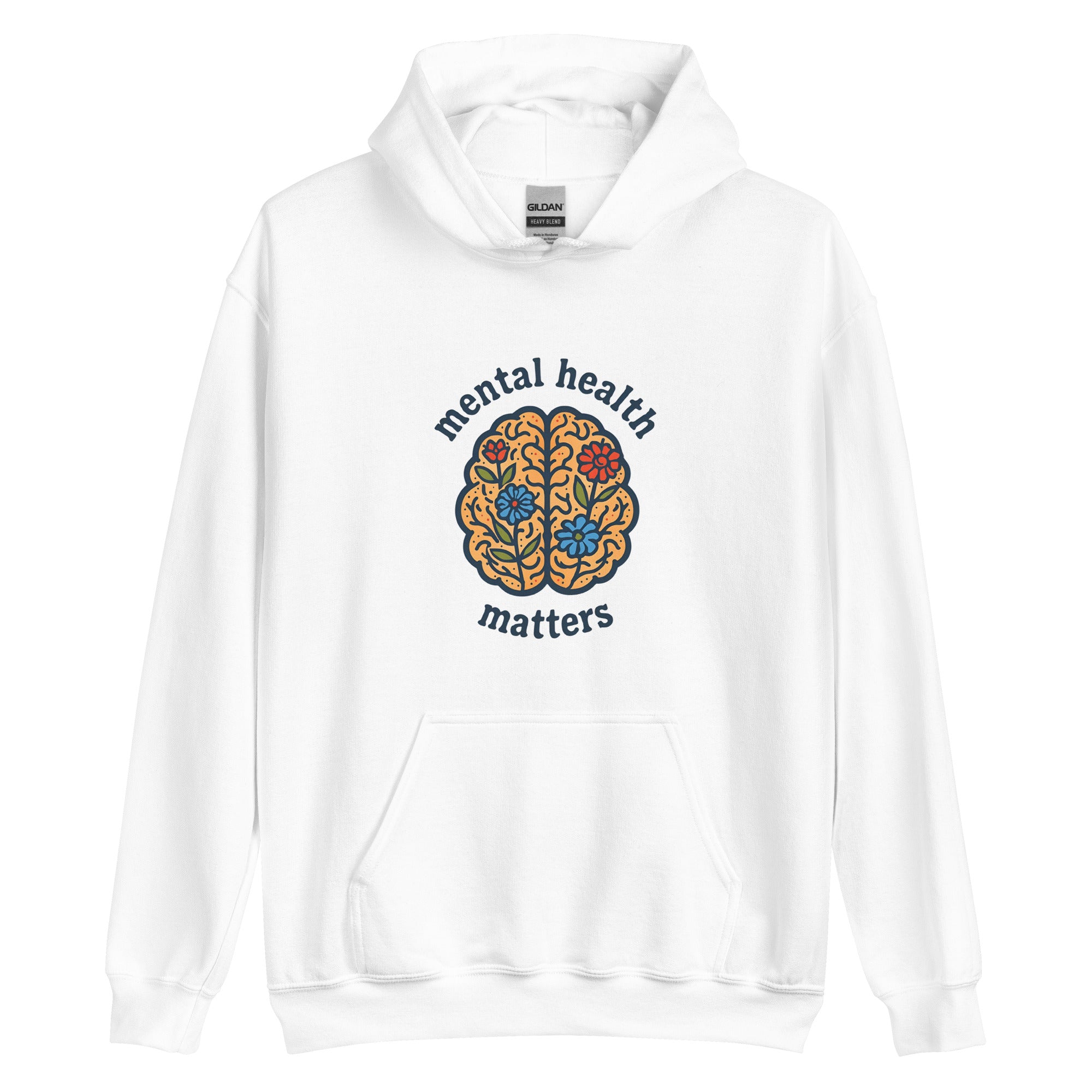 White hoodie with 'mental health matters' design on a white background