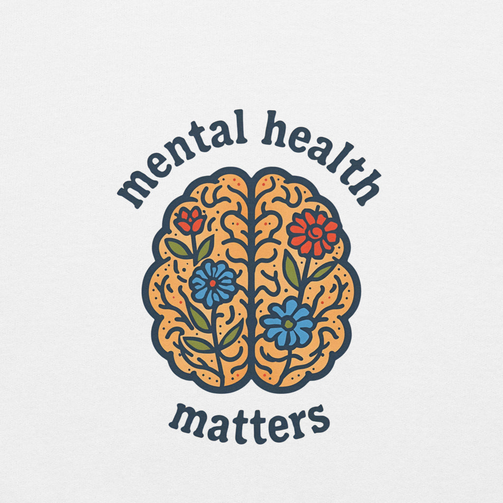 Decorative brain illustration with flowers and 'mental health matters' text on a light gray background