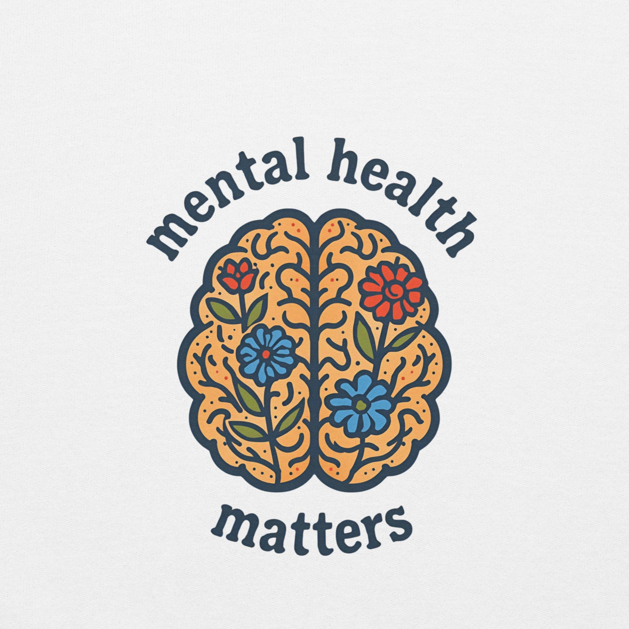 Decorative brain illustration with flowers and 'mental health matters' text on a light gray background