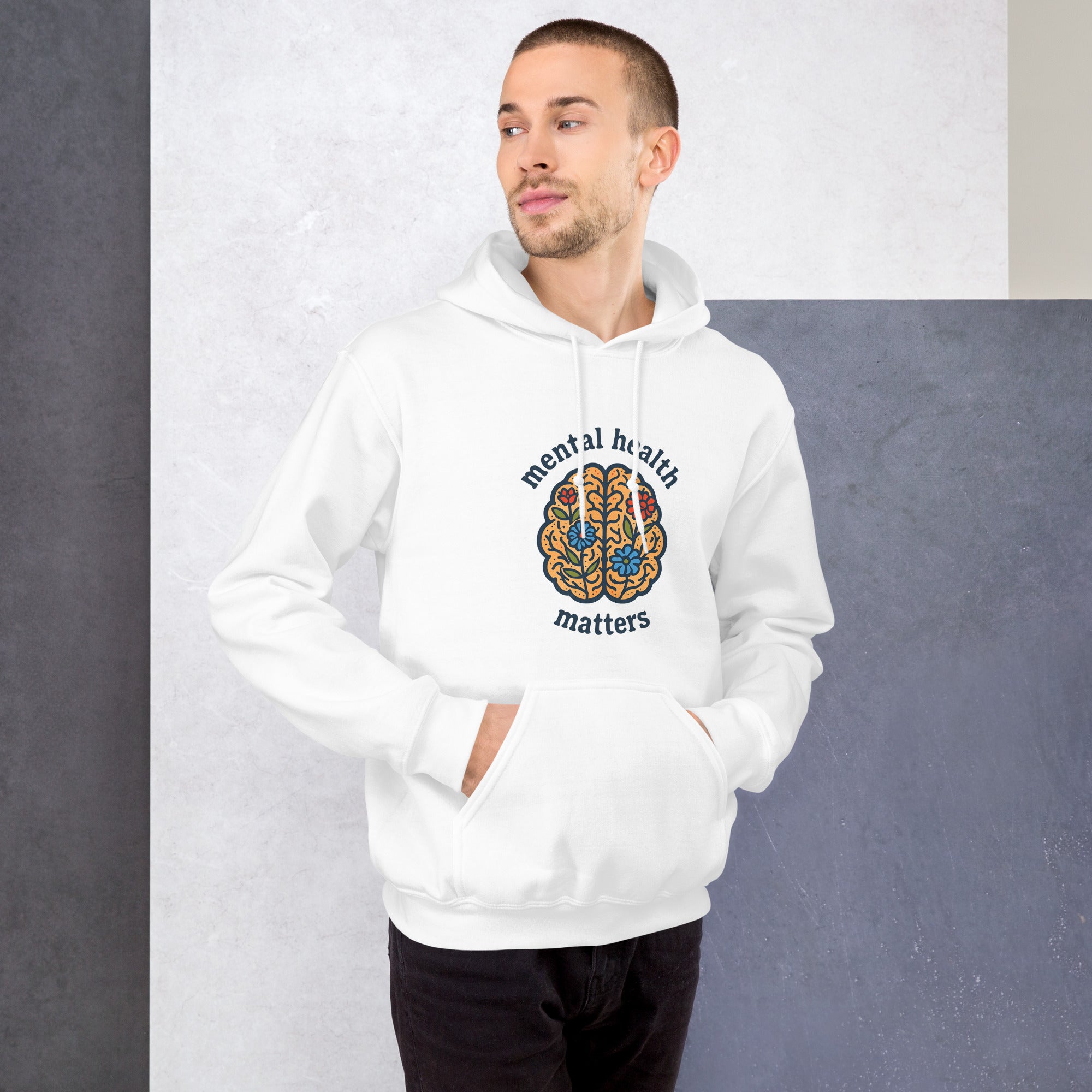 Person wearing a white hoodie with 'mental health matters' design against a gray background