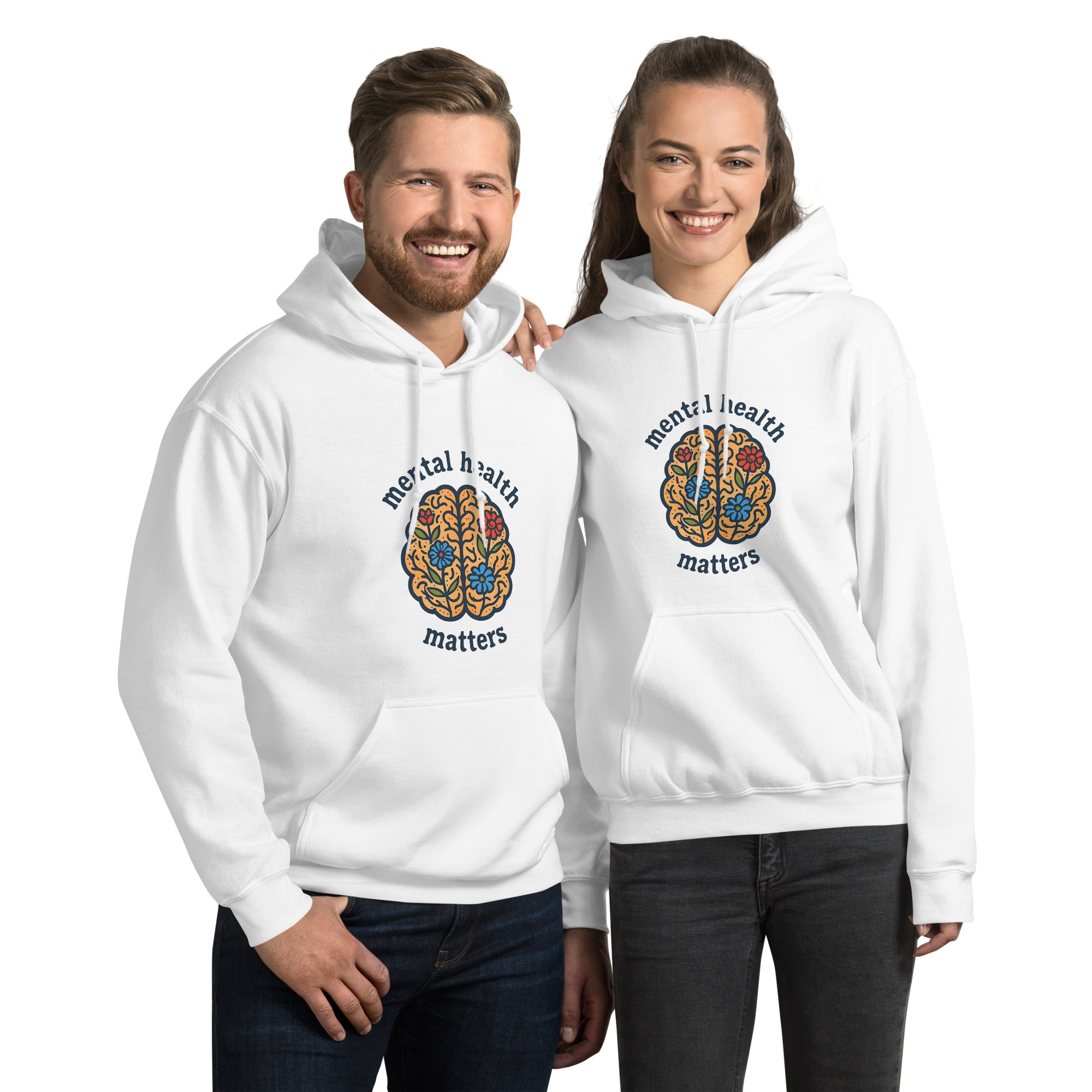 Two people wearing white hoodies with a brain design and 'mental health matters' text on a white background.