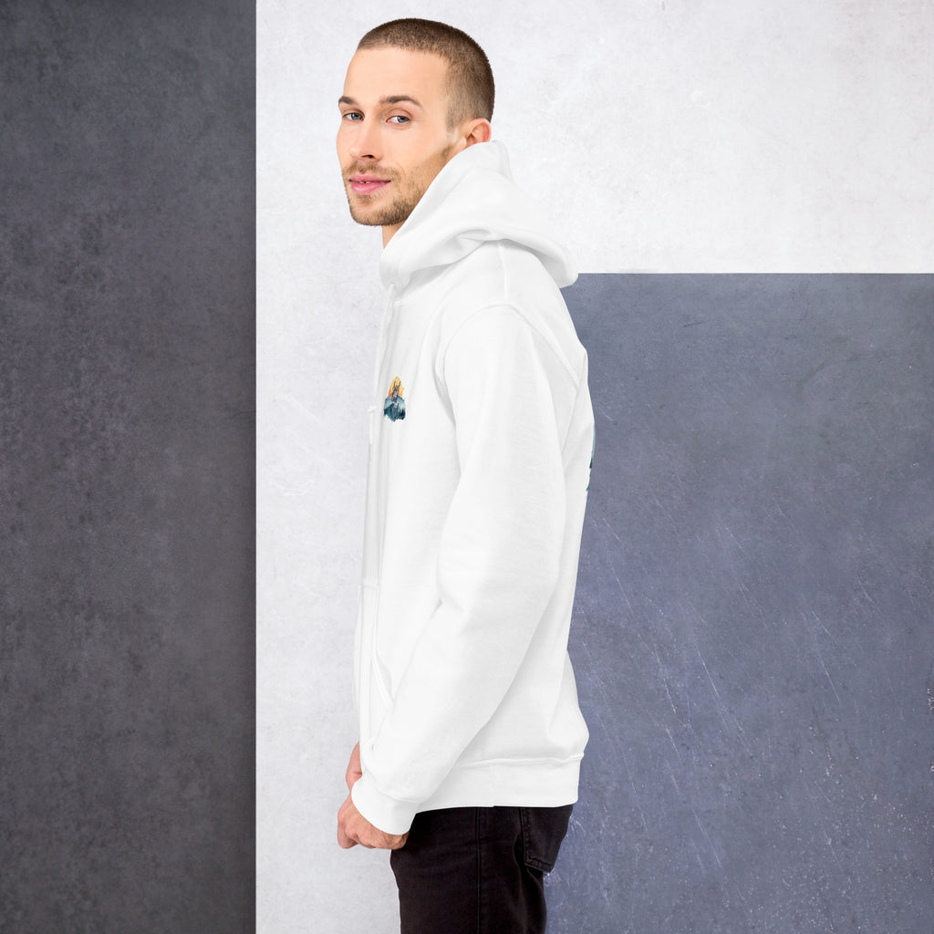 Man wearing a white hoodie with a small graphic on a gray and white background