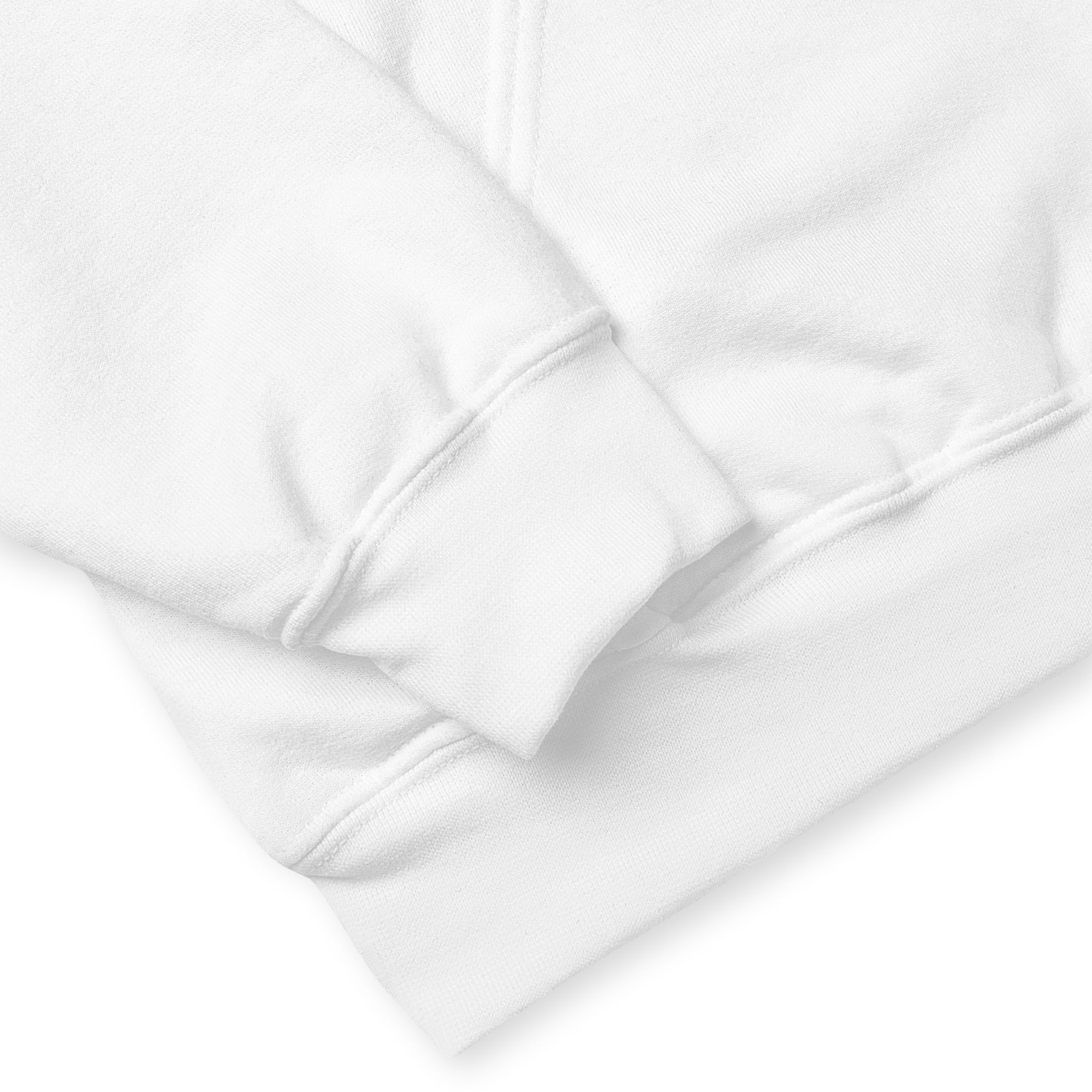 Close-up of a white hoodie with a textured pattern on a white background