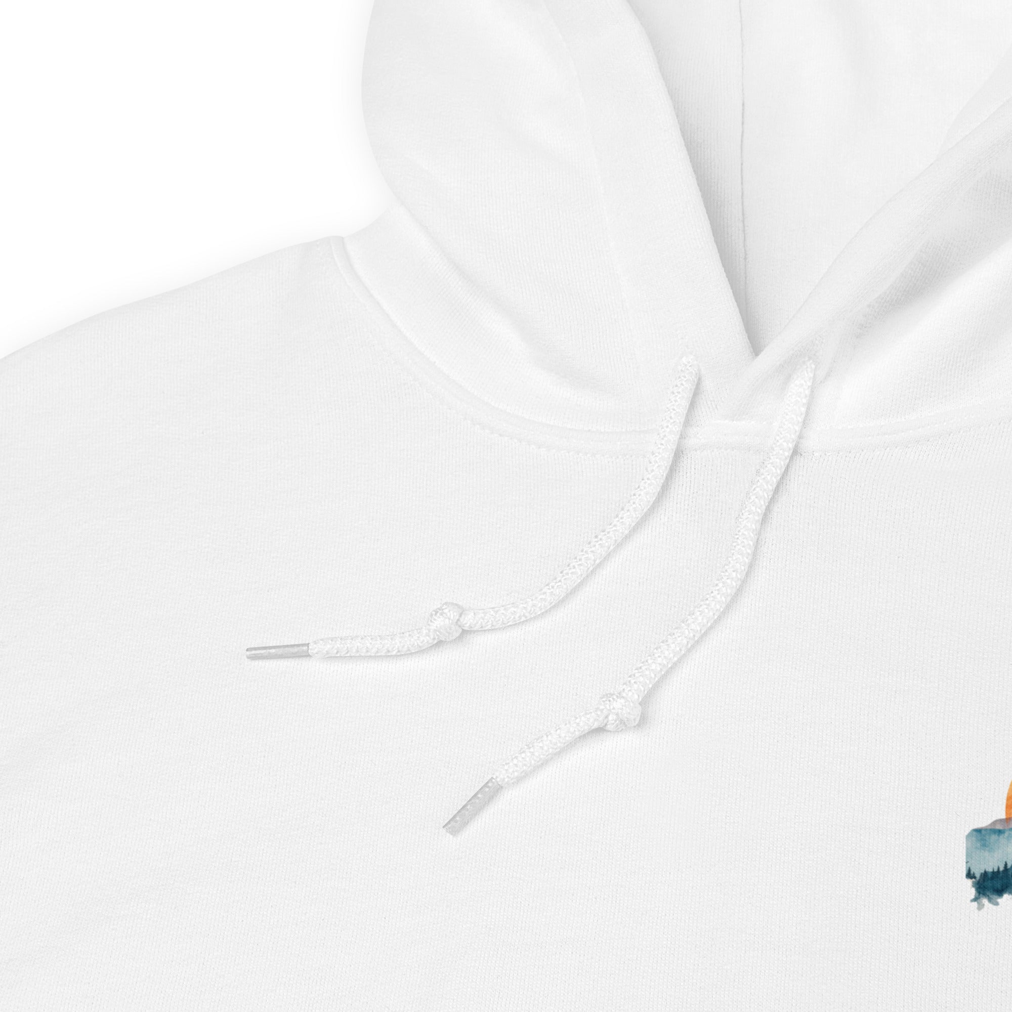 White hoodie with a small logo on a white background