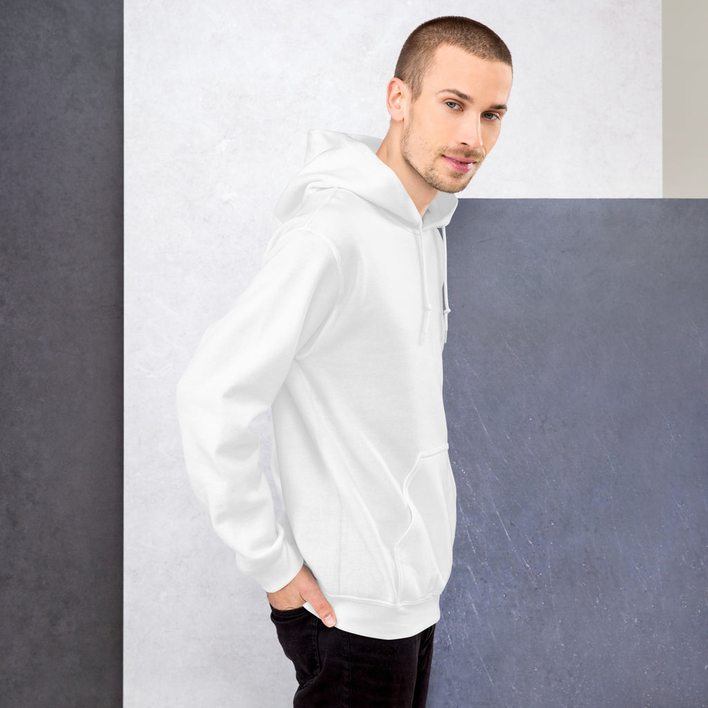 Man wearing a white hoodie against a gray background