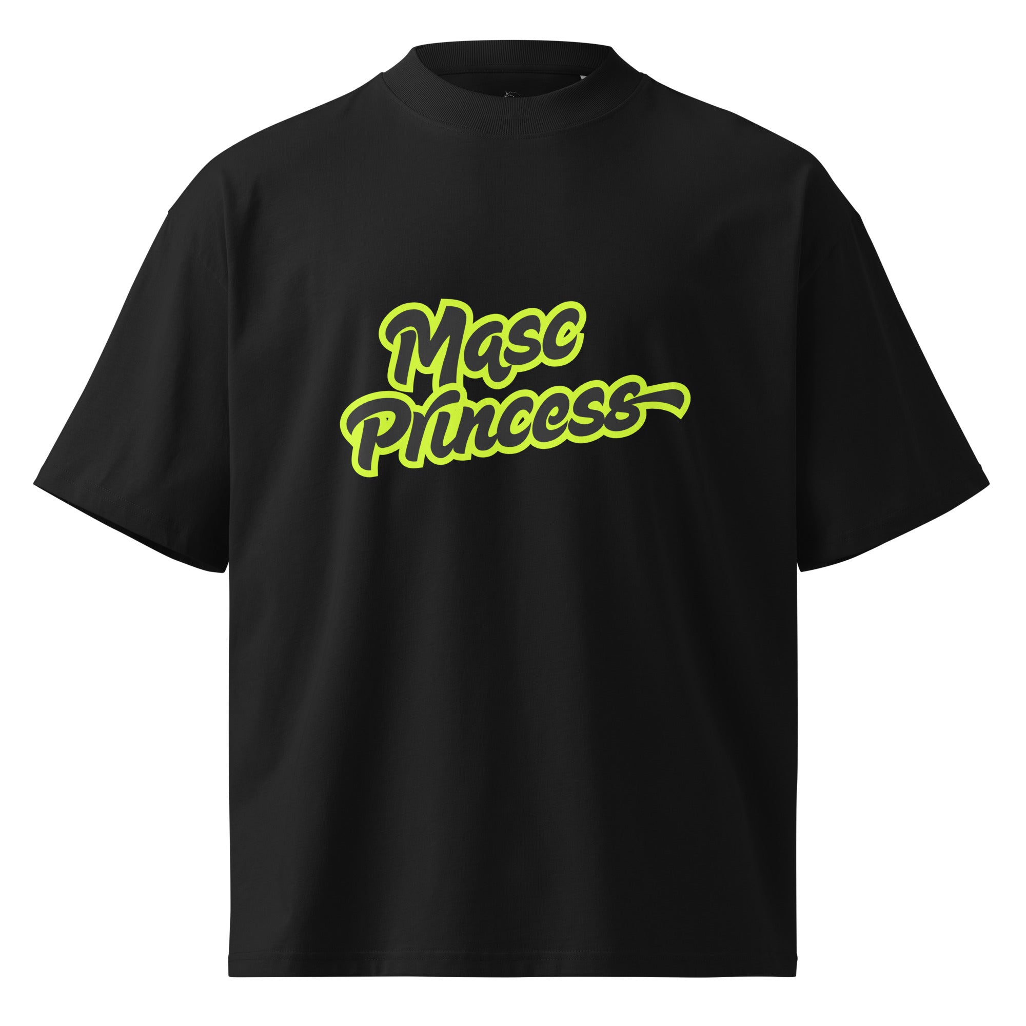 Female model wearing black Masc Princess oversized t-shirt with neon green slogan, styled with ripped jeans and sunglasses, queer streetwear fashion