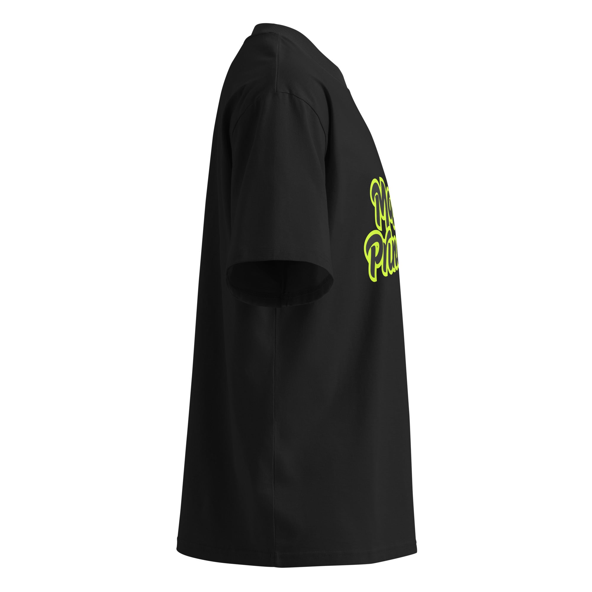 Female model wearing black Masc Princess oversized t-shirt with neon green slogan, styled with ripped jeans and sunglasses, queer streetwear fashion