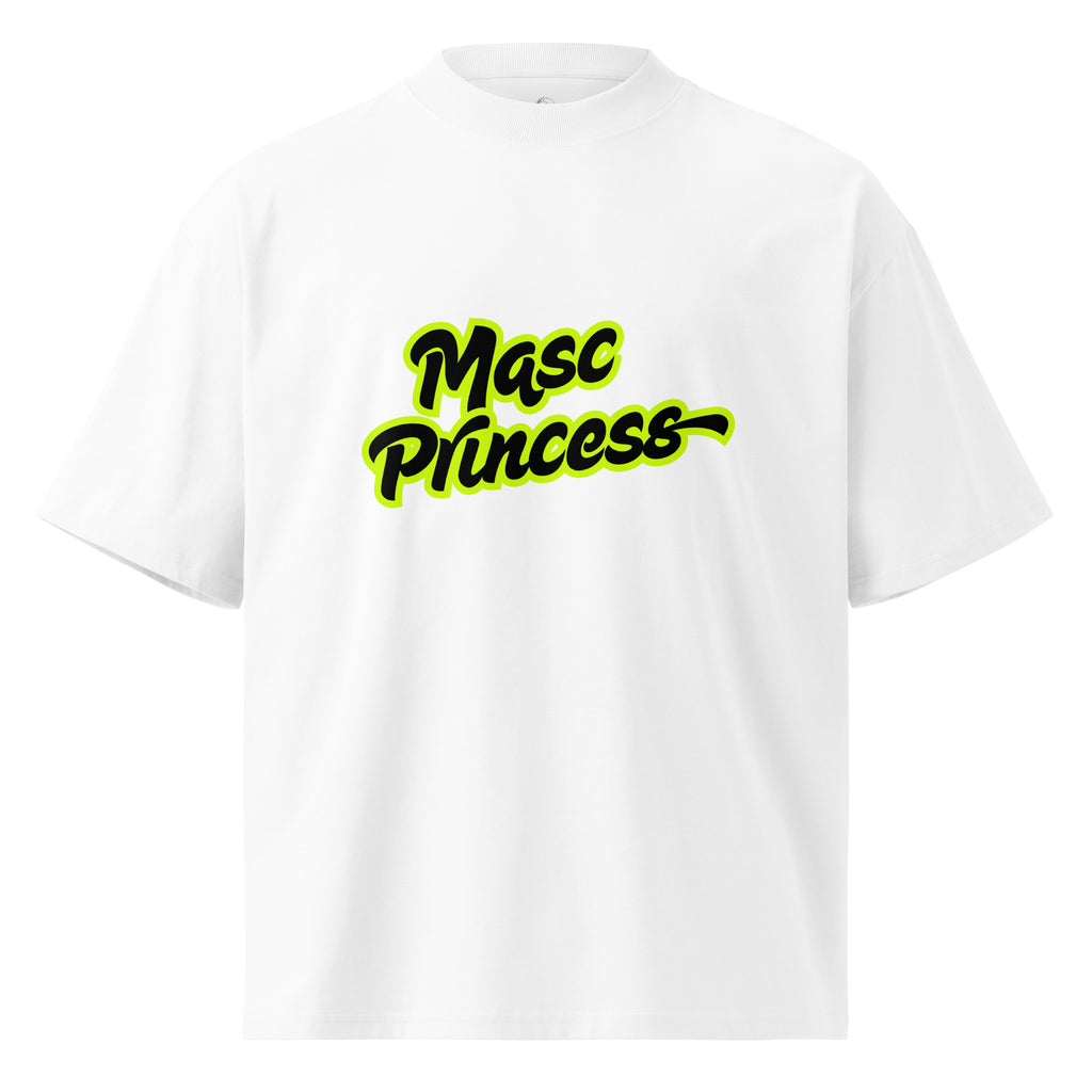 Female model wearing black Masc Princess oversized t-shirt with neon green slogan, styled with ripped jeans and sunglasses, queer streetwear fashion