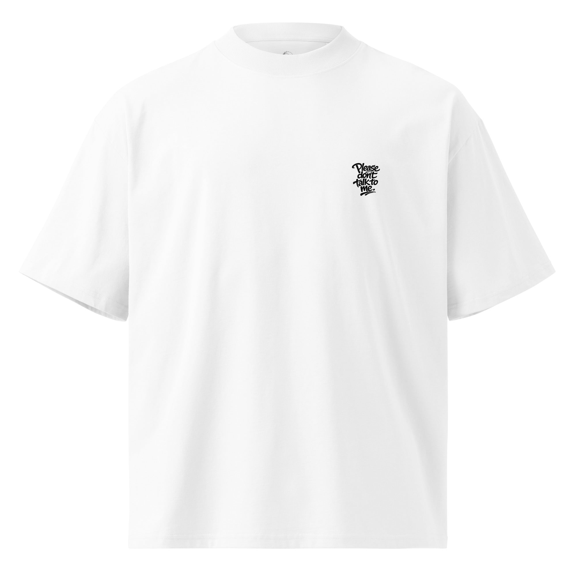 Model wearing a black oversized “Please Don’t Talk To Me” slogan t-shirt with relaxed fit and dropped shoulders, styled for everyday streetwear.