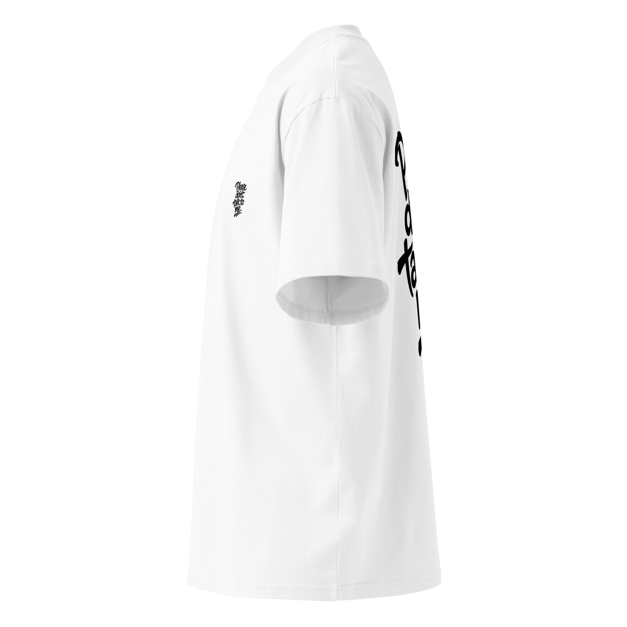 Model wearing a black oversized “Please Don’t Talk To Me” slogan t-shirt with relaxed fit and dropped shoulders, styled for everyday streetwear.