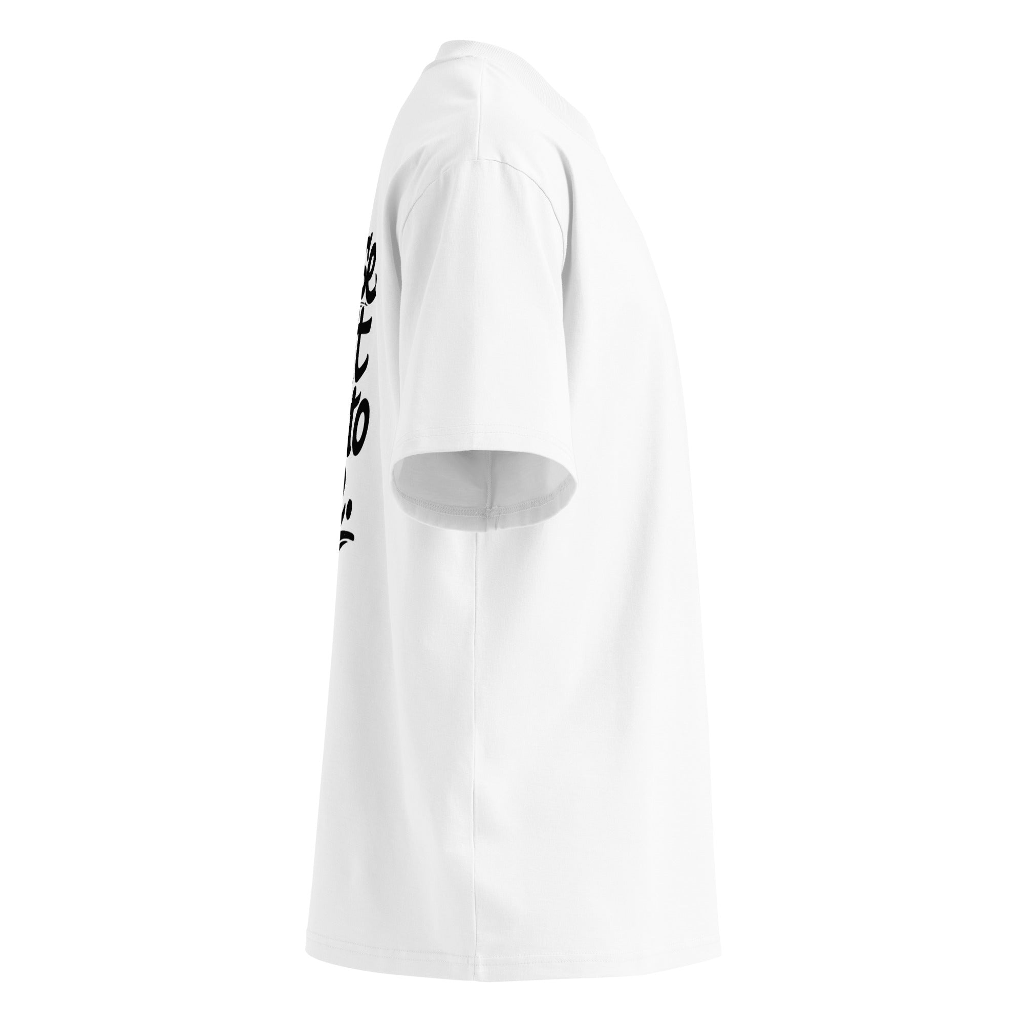 Model wearing a black oversized “Please Don’t Talk To Me” slogan t-shirt with relaxed fit and dropped shoulders, styled for everyday streetwear.