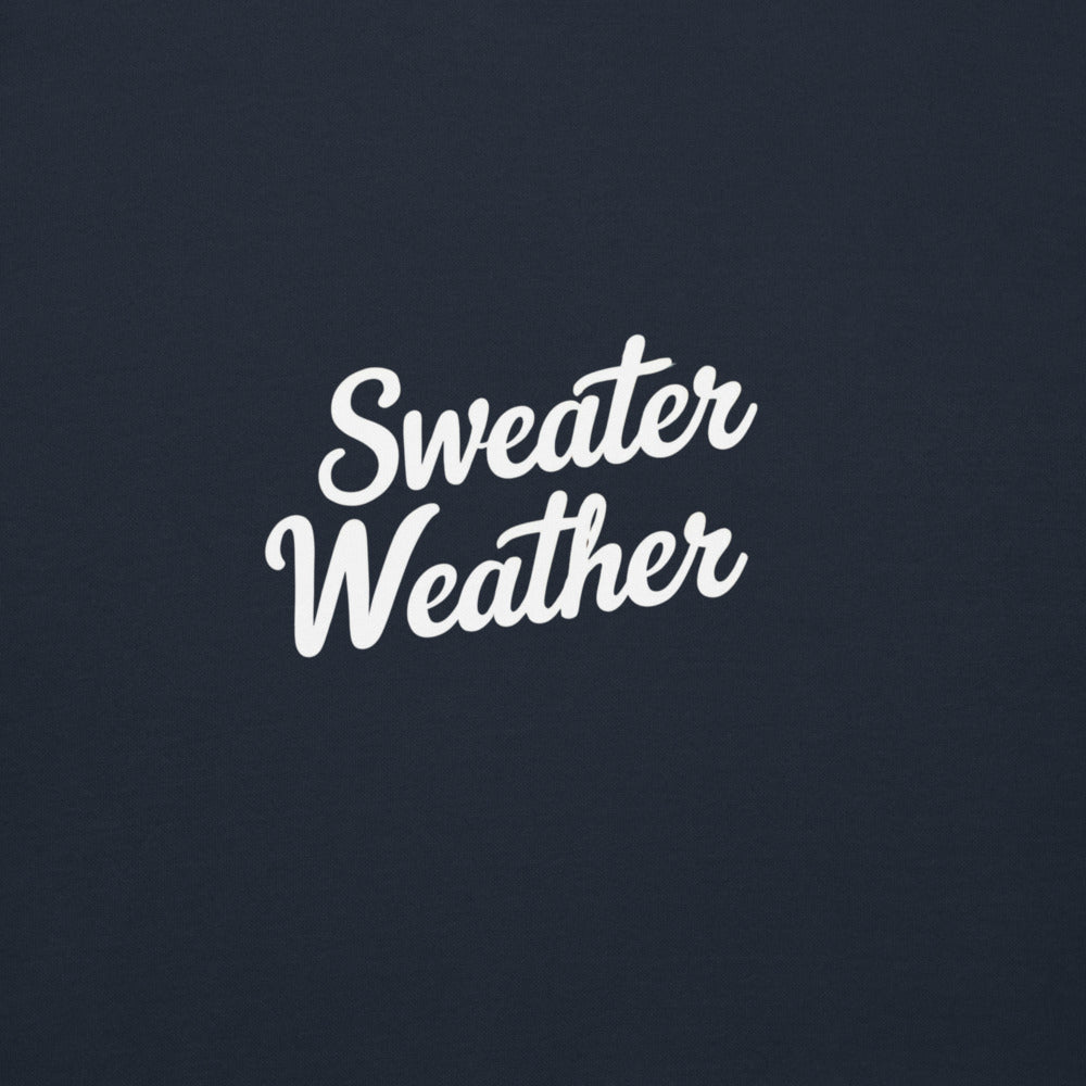 Text 'Sweater Weather' in white on a dark blue background
