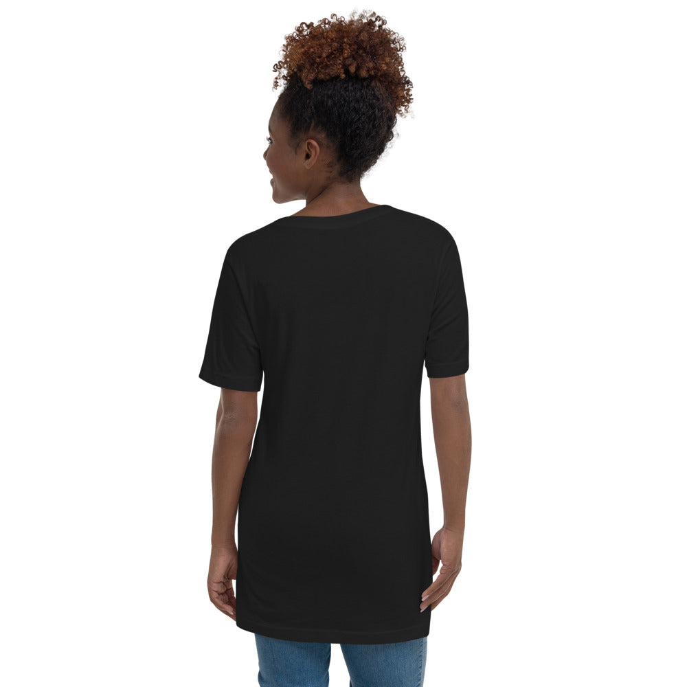 Person wearing a black t-shirt on a white background