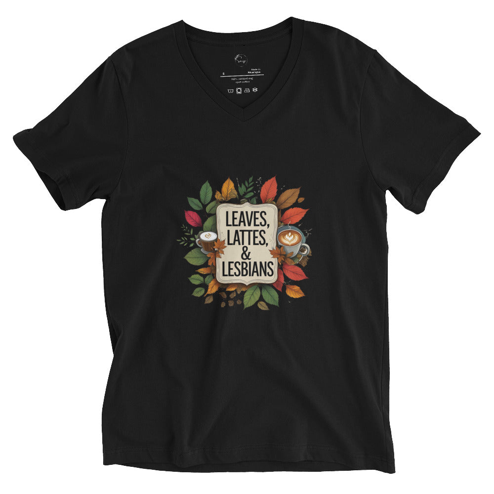 Black t-shirt with 'Leaves, Lattes, & Lesbians' graphic design on a white background