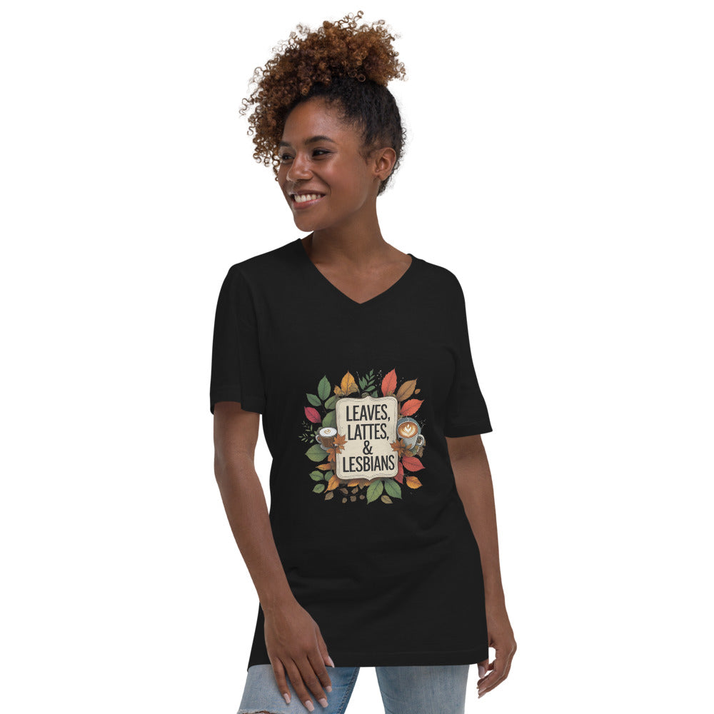 Woman wearing a black t-shirt with 'Leaves, Lattes & Lesbians' design on a white background